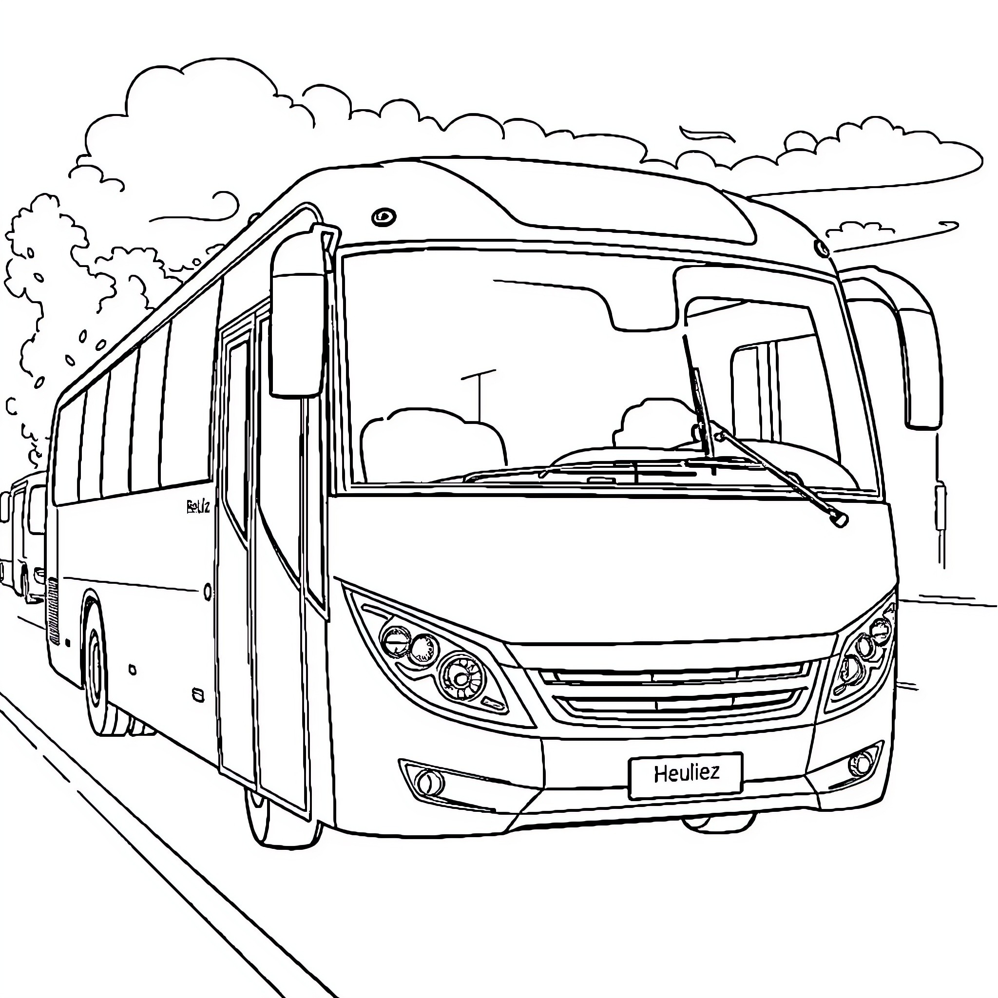Heuliez bus on the road Coloring Page (free black-and-white line drawing printable PDF for all, from beginners to advanced learners, including children, teens, adults, and seniors)