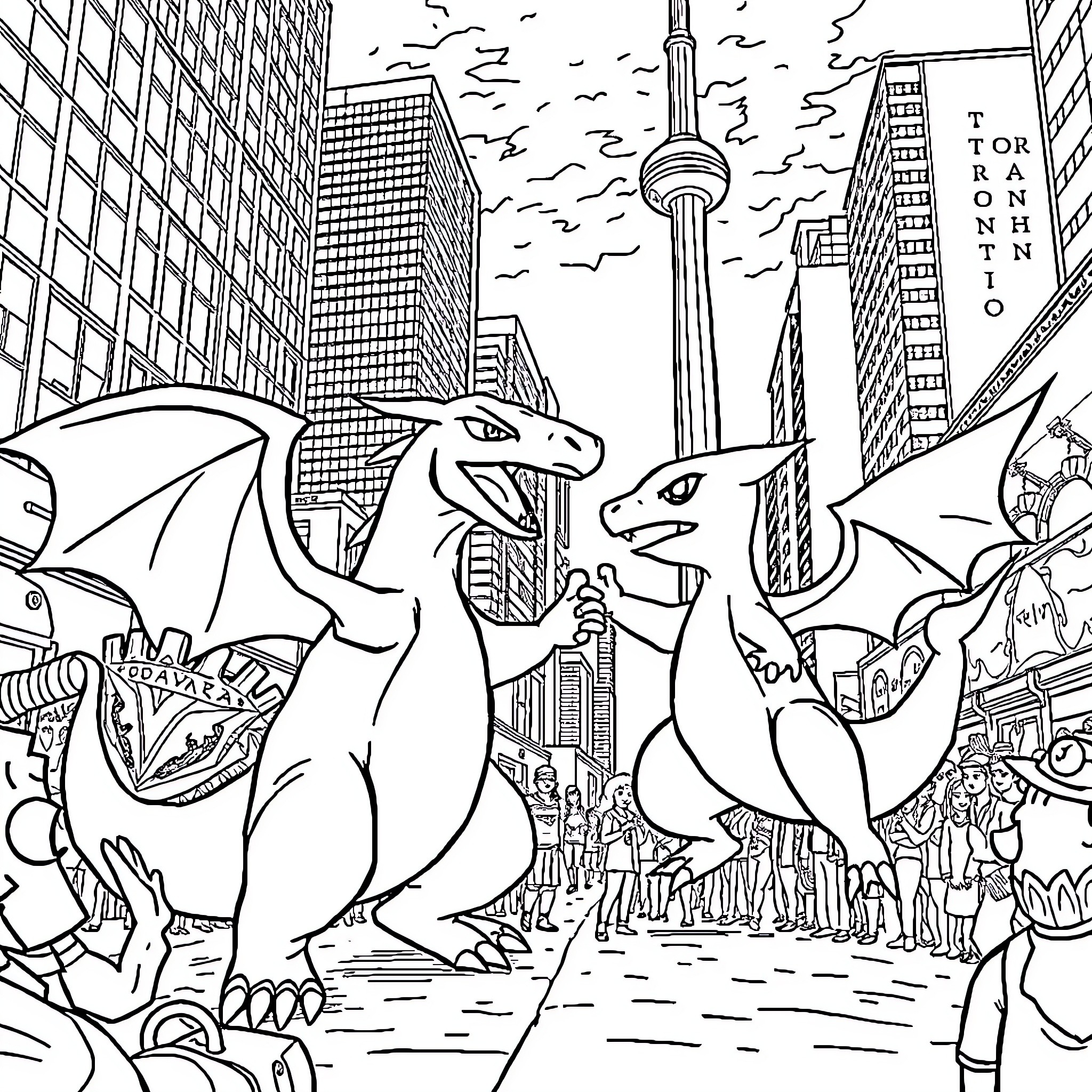 Charizard and dragon friends in the city Coloring Page (free black-and-white line drawing printable PDF for all, from beginners to advanced learners, including children, teens, adults, and seniors)