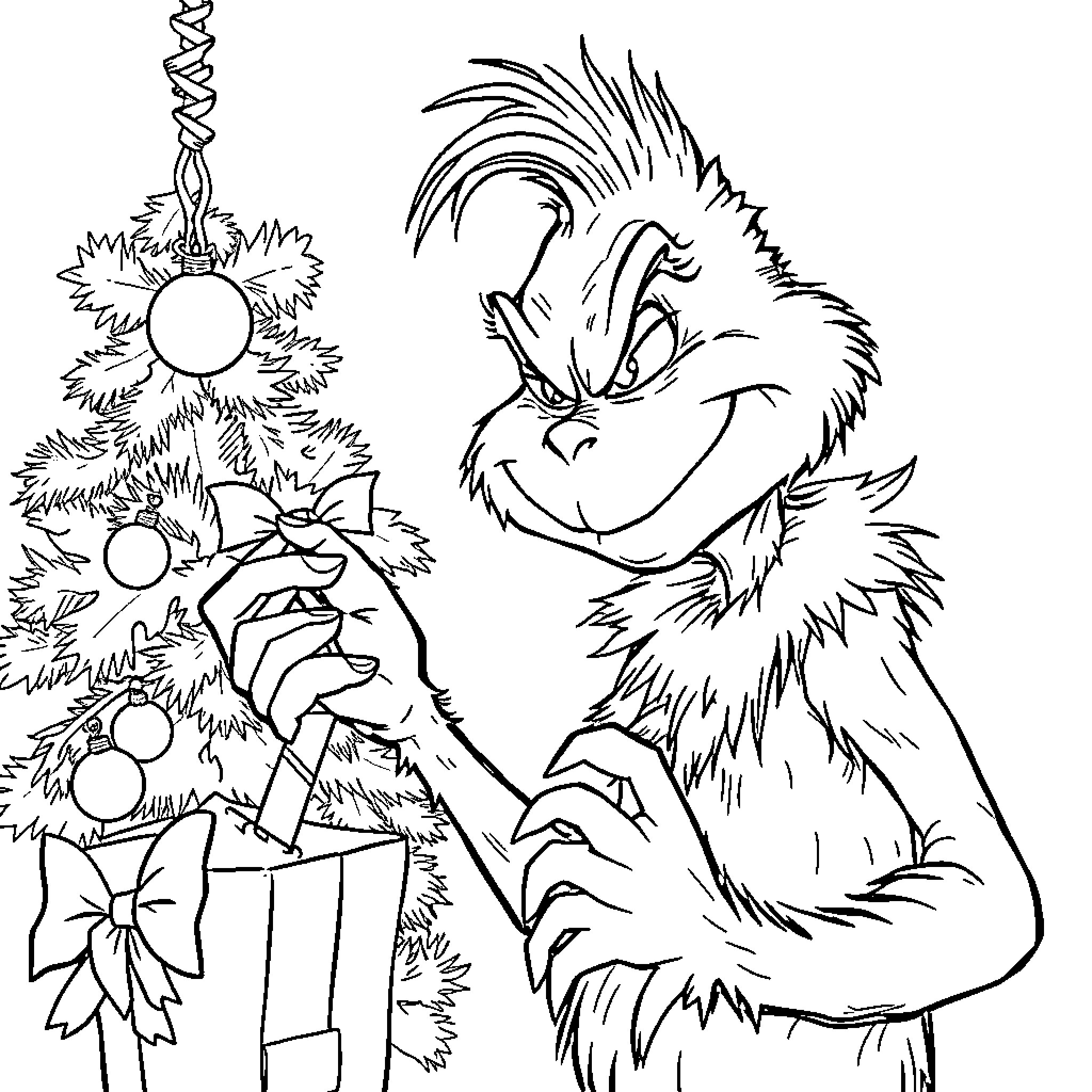 Grinch decorating a Christmas tree with ornaments Coloring Page (free black-and-white line drawing printable PDF for all, from beginners to advanced learners, including children, teens, adults, and seniors)