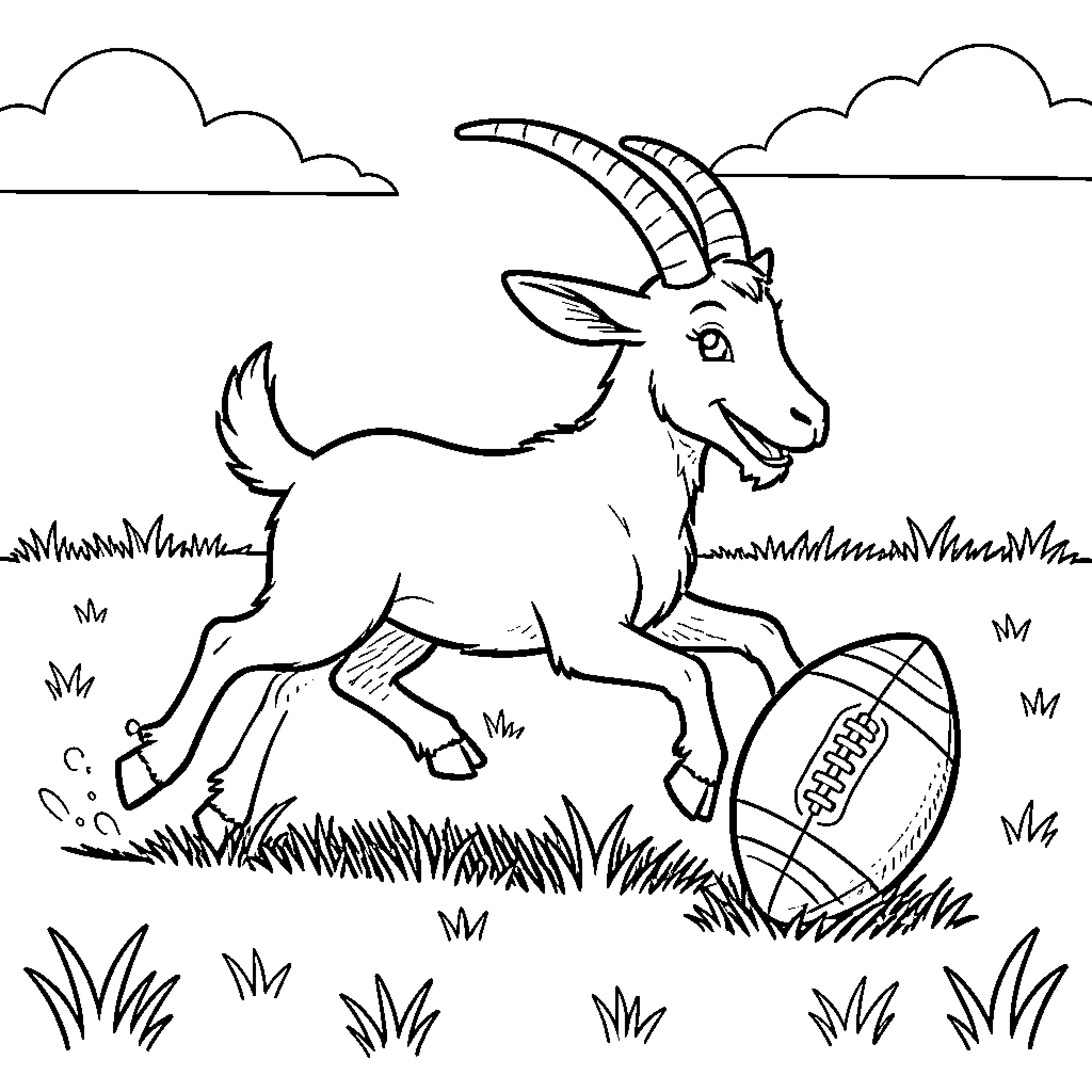 Goat running joyfully while playing with a football Coloring Page (free black-and-white line drawing printable PDF for all, from beginners to advanced learners, including children, teens, adults, and seniors)