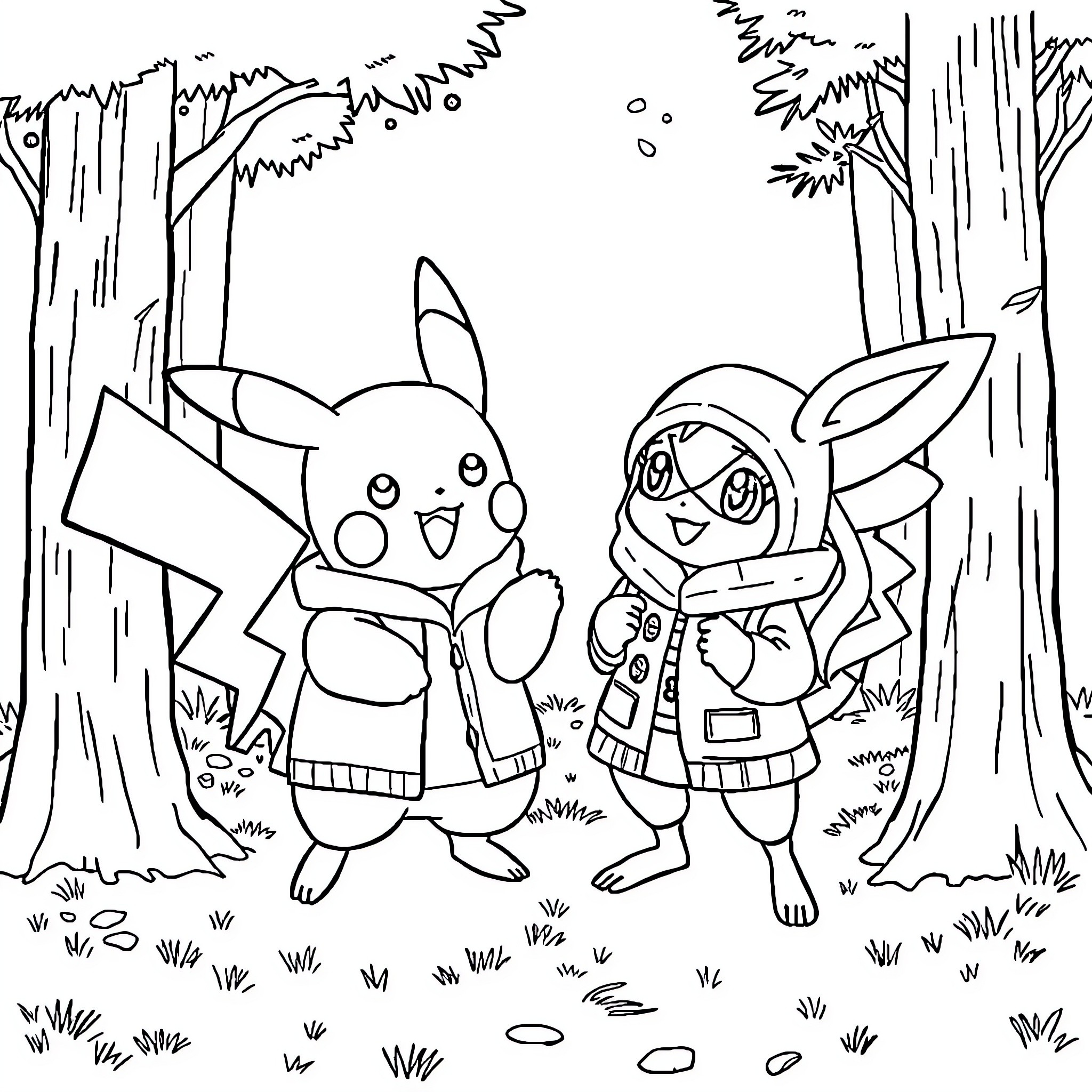 Pikachu and Eevee explore the forest Coloring Page (free black-and-white line drawing printable PDF for all, from beginners to advanced learners, including children, teens, adults, and seniors)