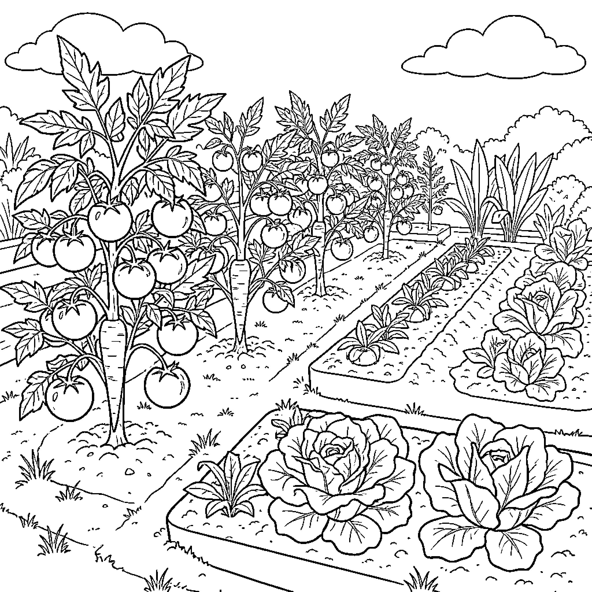 Vegetable Gardening in a flourishing outdoor garden plot Coloring Page (free black-and-white line drawing printable PDF for all, from beginners to advanced learners, including children, teens, adults, and seniors)