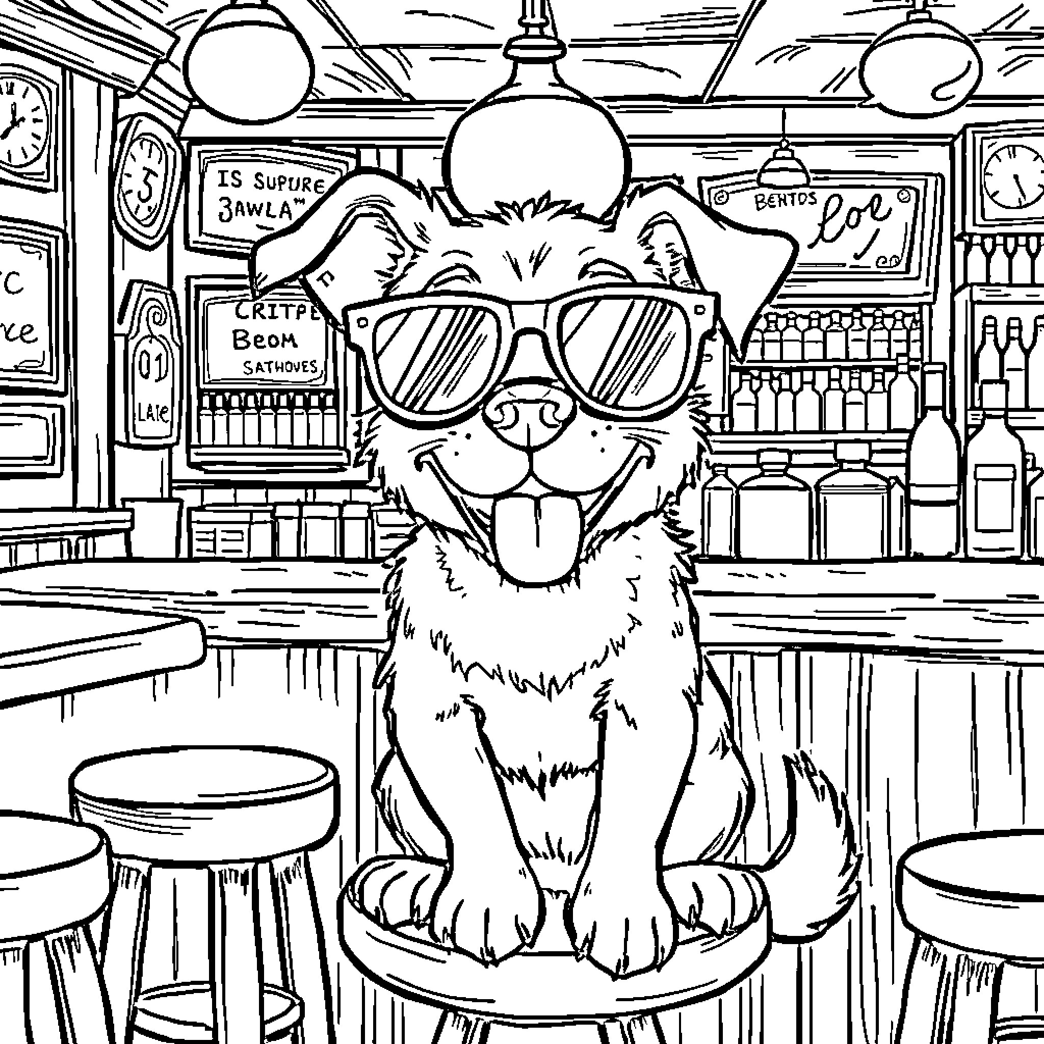 Dog Enjoying a Cozy Cafe Hangout Coloring Page (free black-and-white line drawing printable PDF for all, from beginners to advanced learners, including children, teens, adults, and seniors)