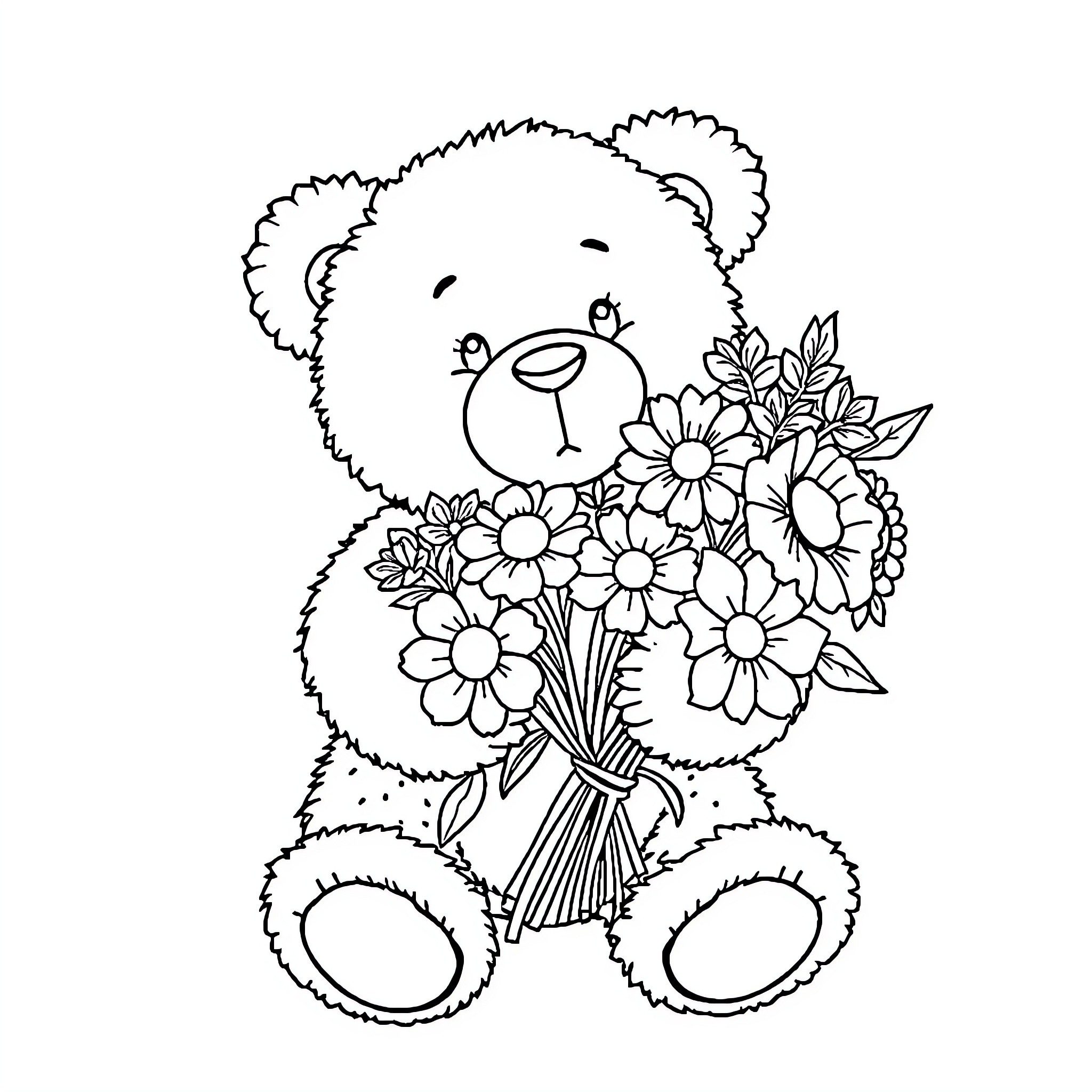 Teddy Bear holding a bouquet of flowers Coloring Page (free black-and-white line drawing printable PDF for all, from beginners to advanced learners, including children, teens, adults, and seniors)