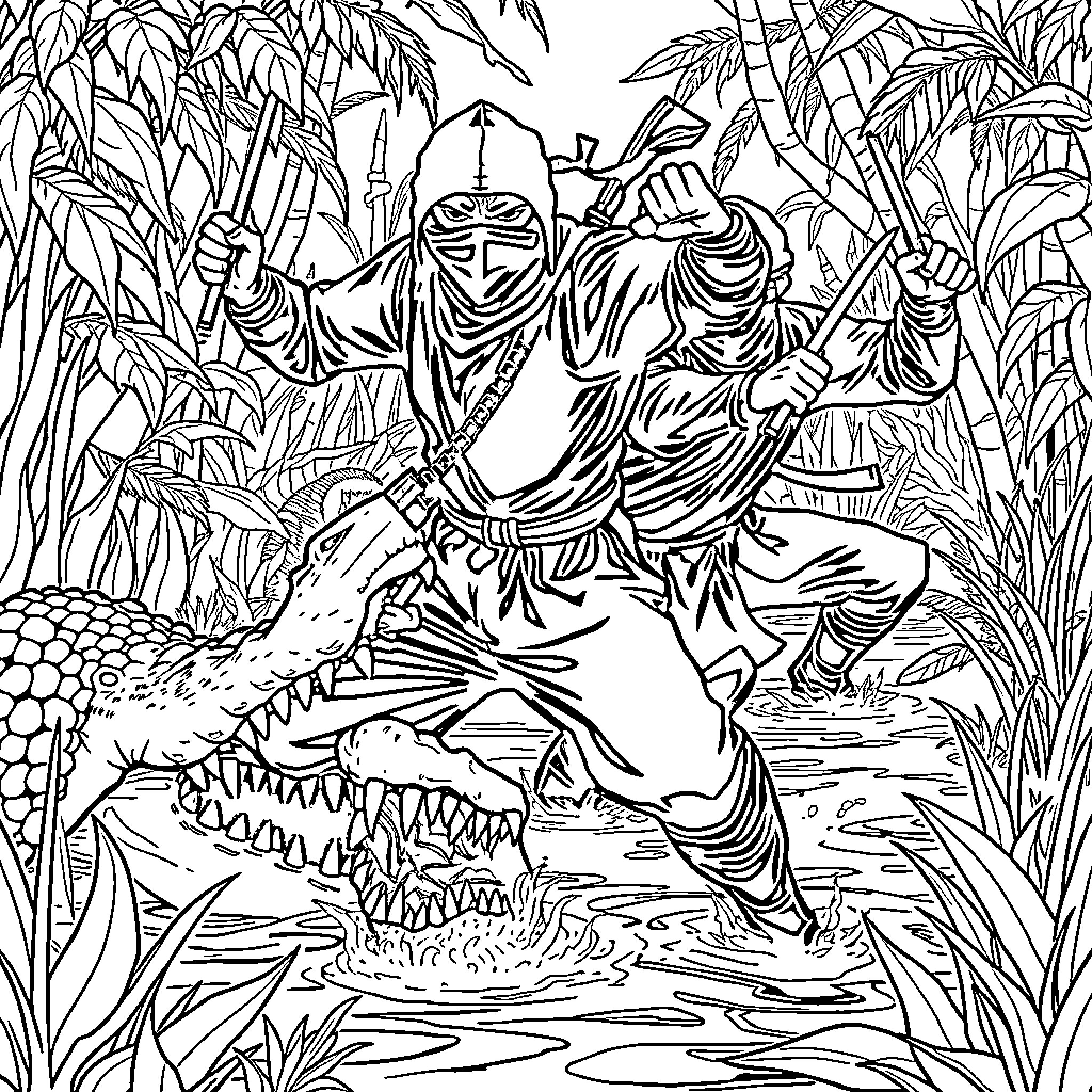 Ninja warriors battling ferocious alligator in jungle Coloring Page (free black-and-white line drawing printable PDF for all, from beginners to advanced learners, including children, teens, adults, and seniors)
