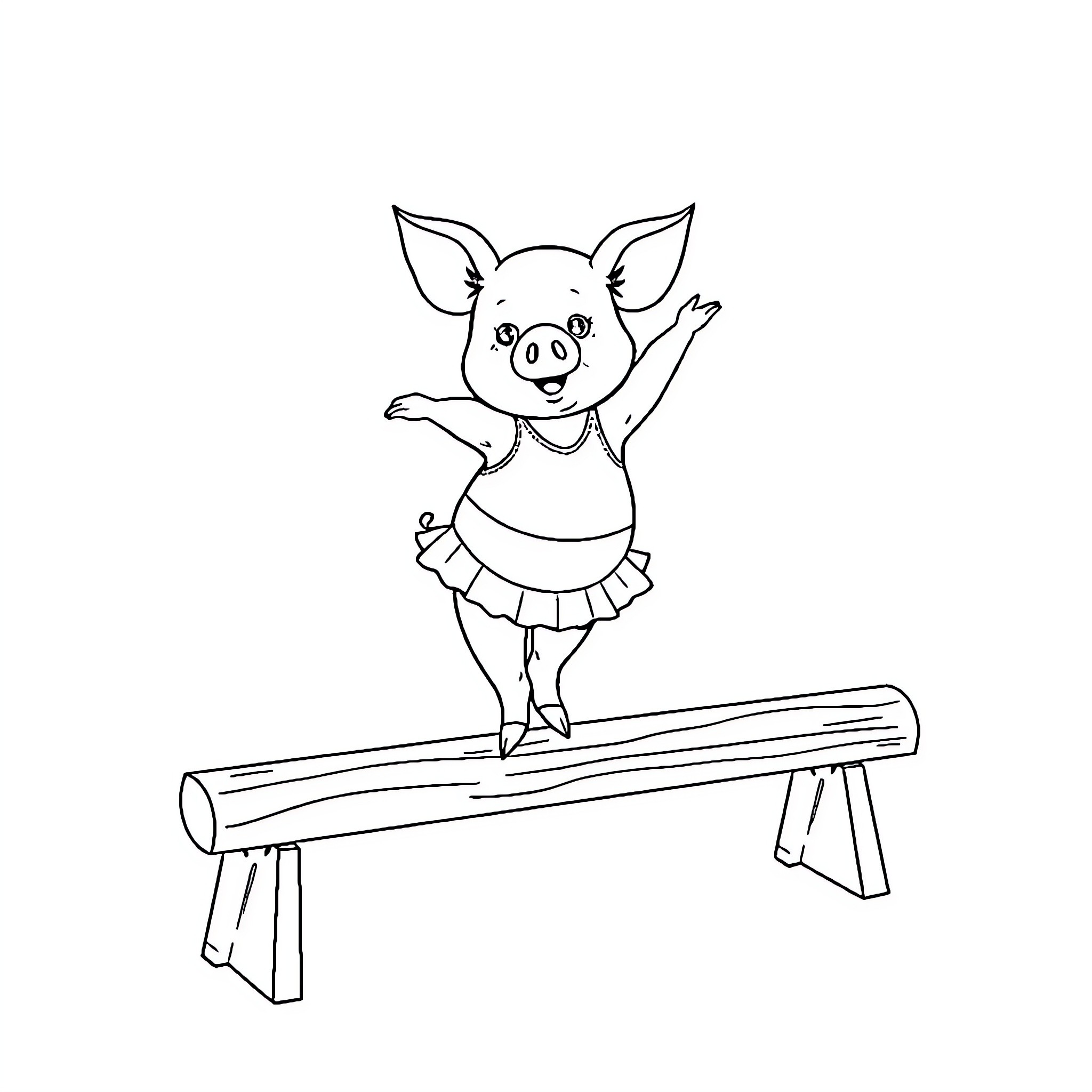 Pig balancing on beam with tutu Coloring Page (free black-and-white line drawing printable PDF for all, from beginners to advanced learners, including children, teens, adults, and seniors)