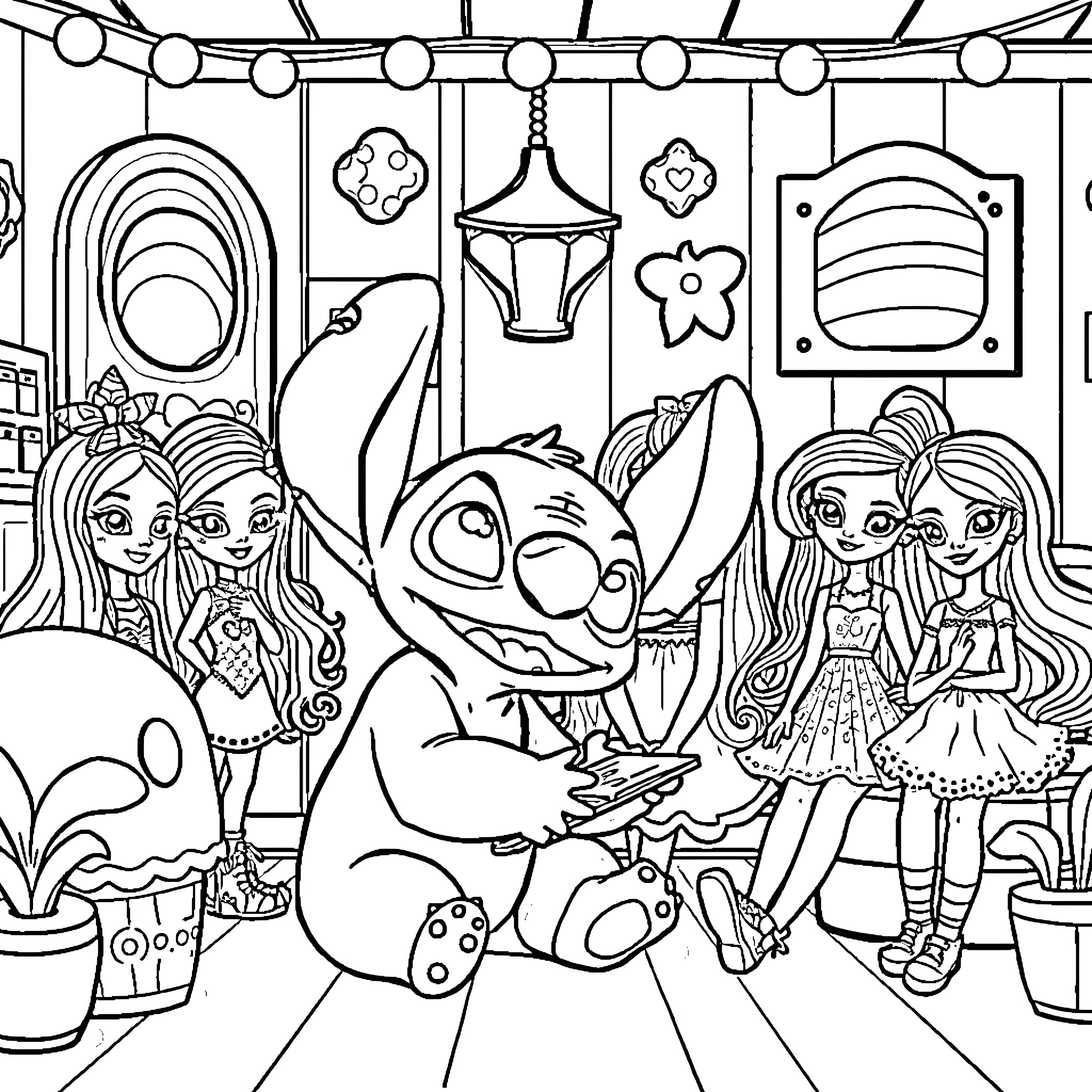 Stitch and friends explore a colorful room Coloring Page (free black-and-white line drawing printable PDF for all, from beginners to advanced learners, including children, teens, adults, and seniors)