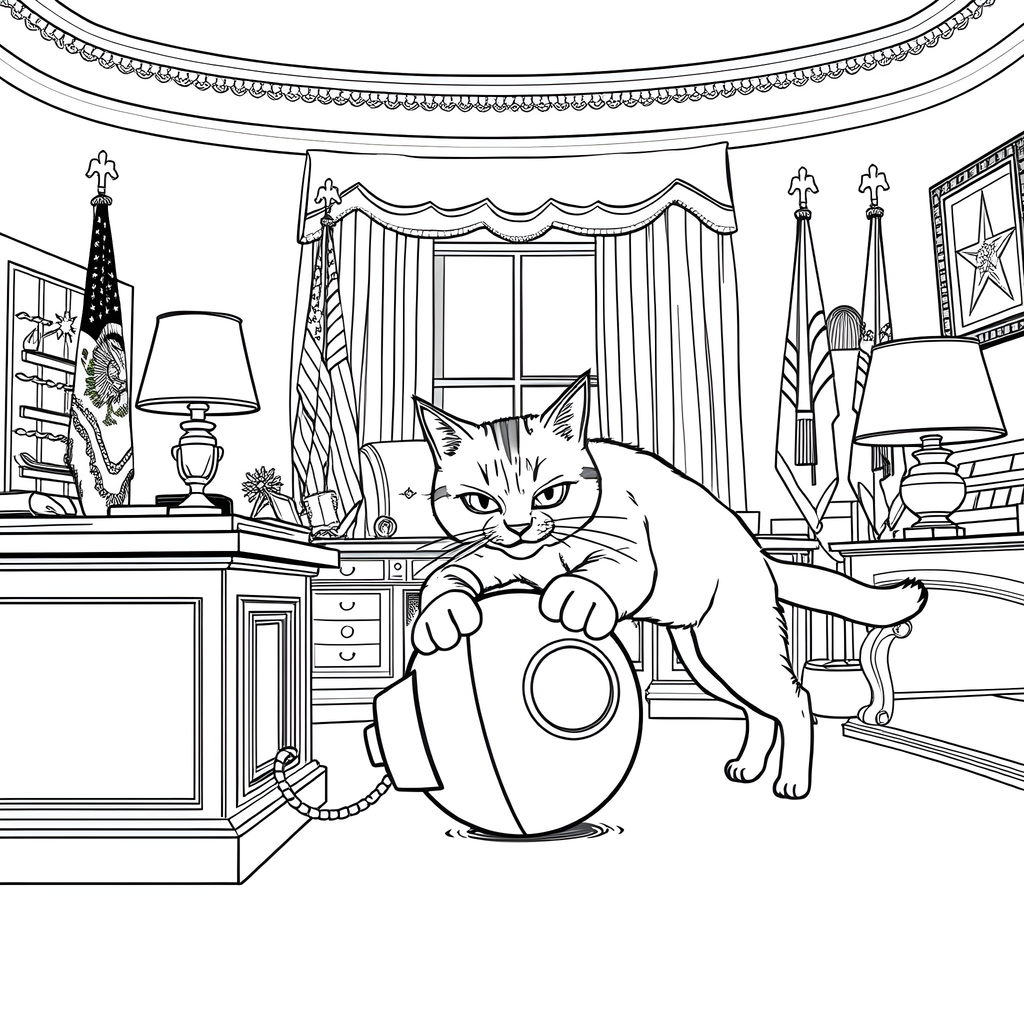 Cat Relaxing in Oval Office Interior Coloring Page (free black-and-white line drawing printable PDF for all, from beginners to advanced learners, including children, teens, adults, and seniors)