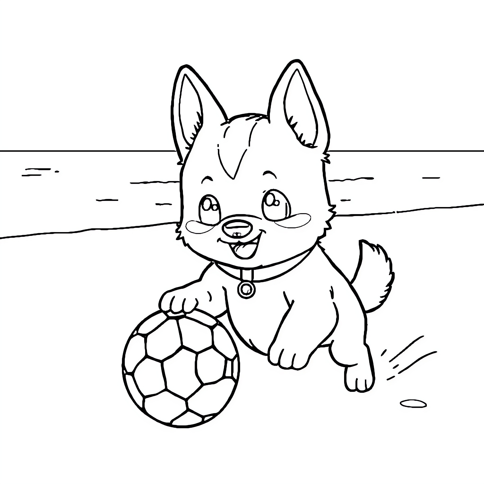 Dog playing joyfully with soccer ball Coloring Page (free black-and-white line drawing printable PDF for all, from beginners to advanced learners, including children, teens, adults, and seniors)