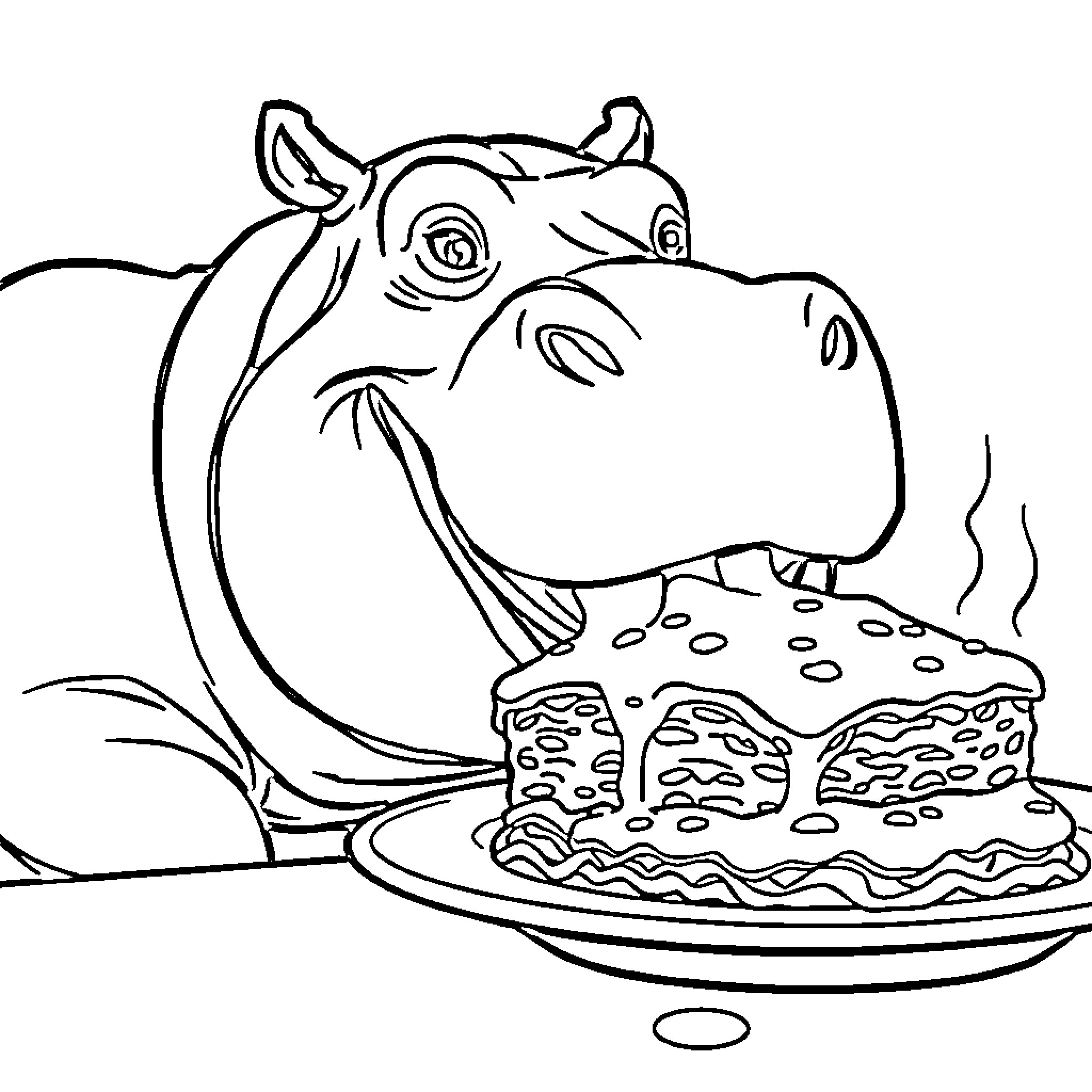 Hippo enjoying a tasty meal on a plate Coloring Page (free black-and-white line drawing printable PDF for all, from beginners to advanced learners, including children, teens, adults, and seniors)