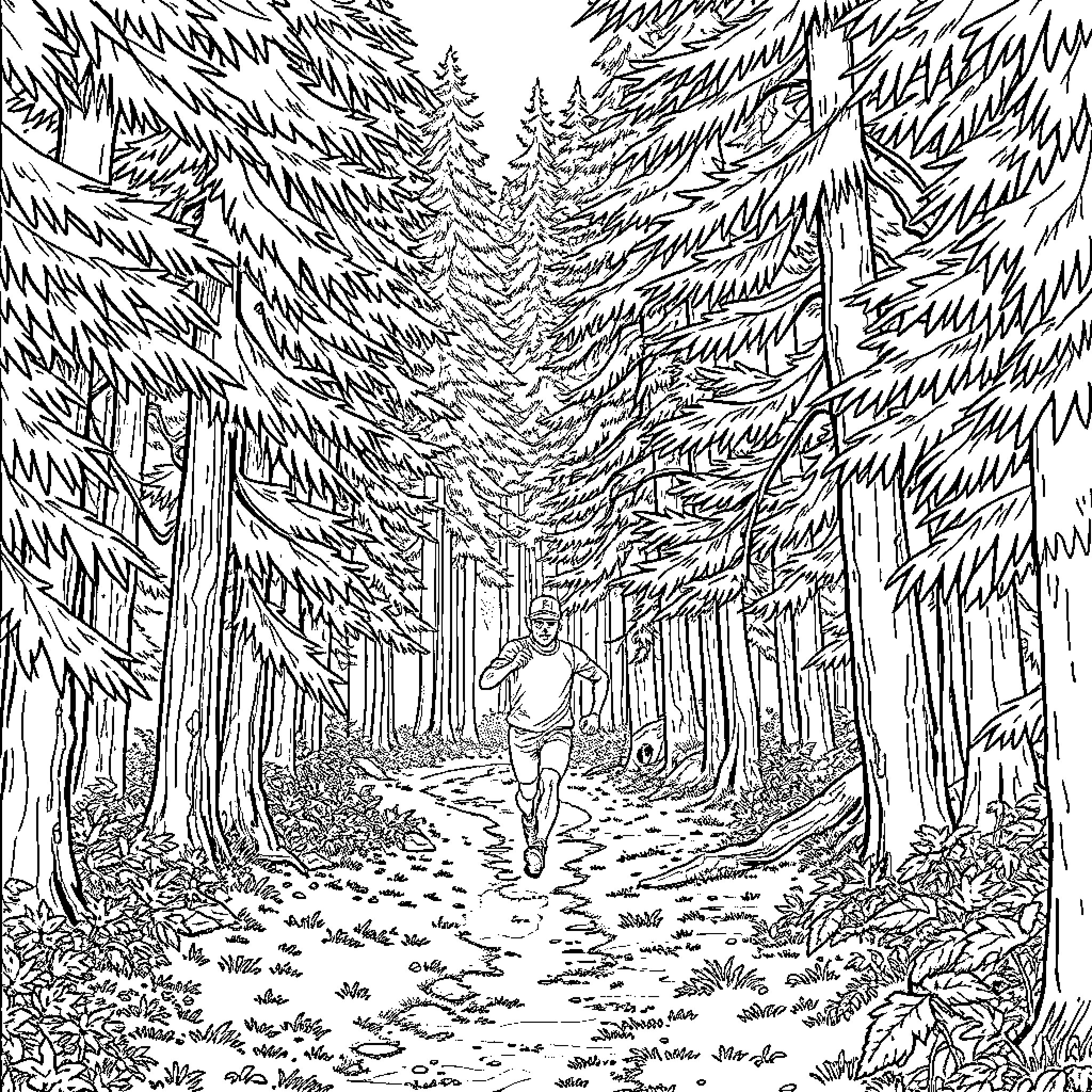 Man running through a dense forest Coloring Page (free black-and-white line drawing printable PDF for all, from beginners to advanced learners, including children, teens, adults, and seniors)