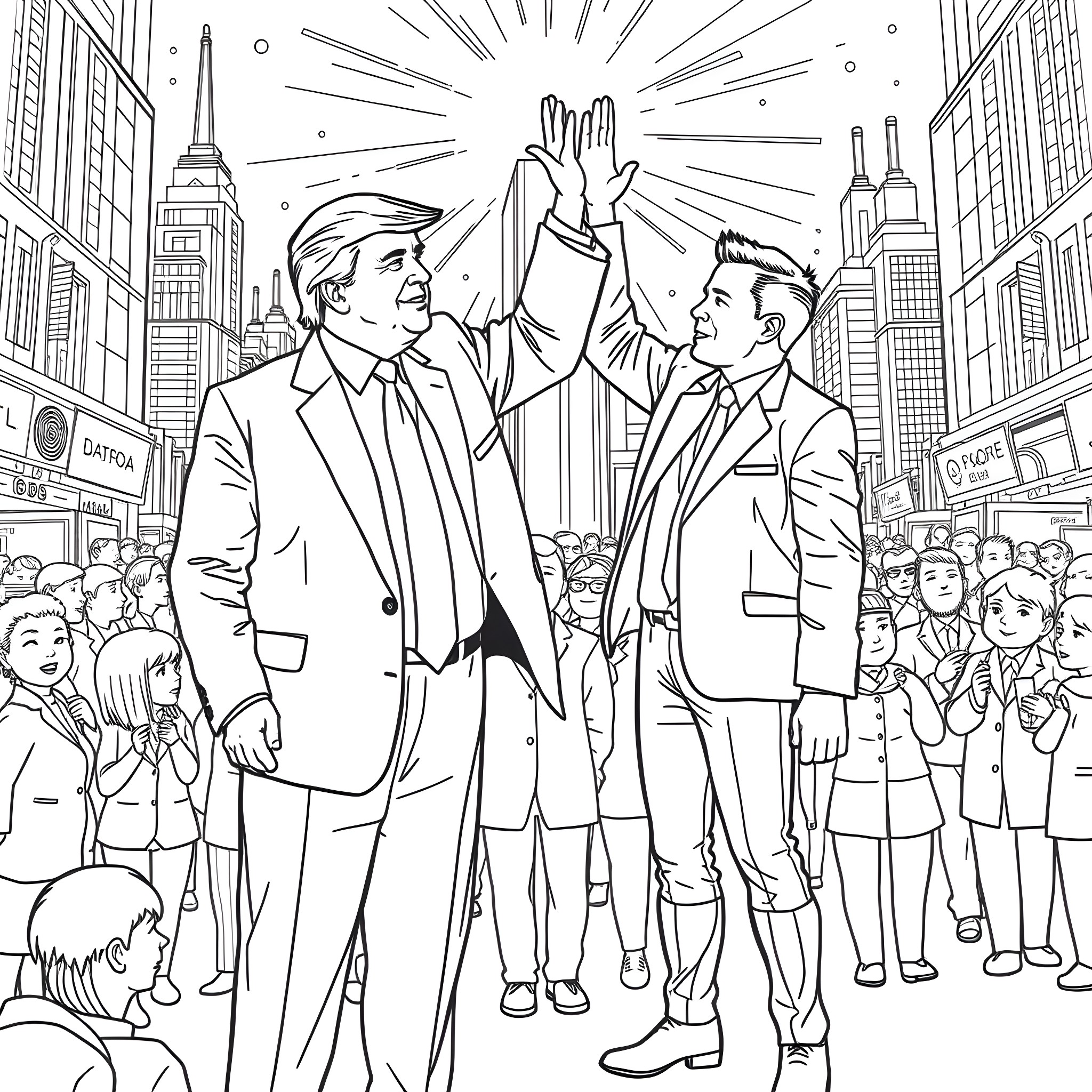 Donald Trump Celebrates Victory with Supporter in Crowd Coloring Page (free black-and-white line drawing printable PDF for all, from beginners to advanced learners, including children, teens, adults, and seniors)