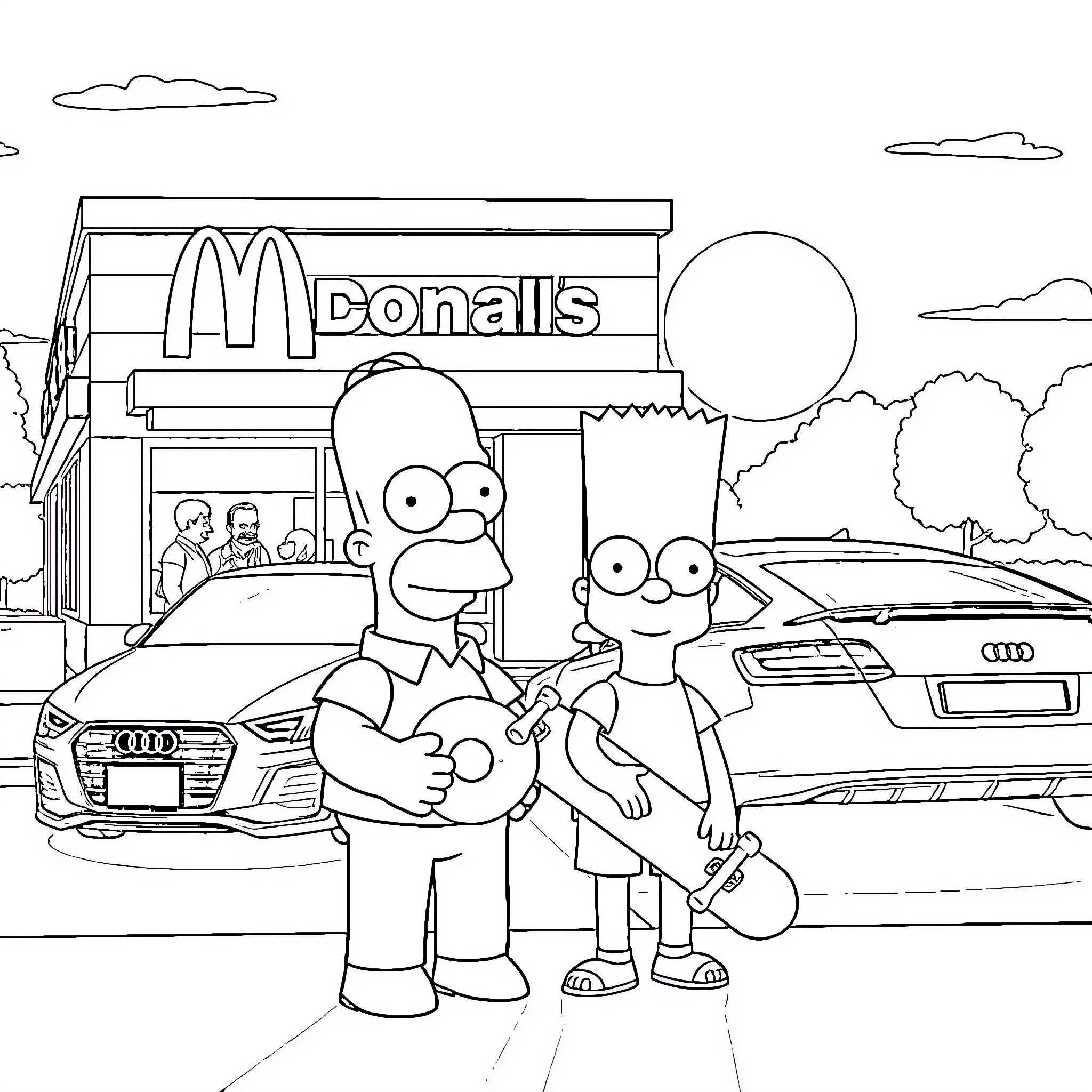 Simpson family visits McDonald's and Audi dealership Coloring Page (free black-and-white line drawing printable PDF for all, from beginners to advanced learners, including children, teens, adults, and seniors)