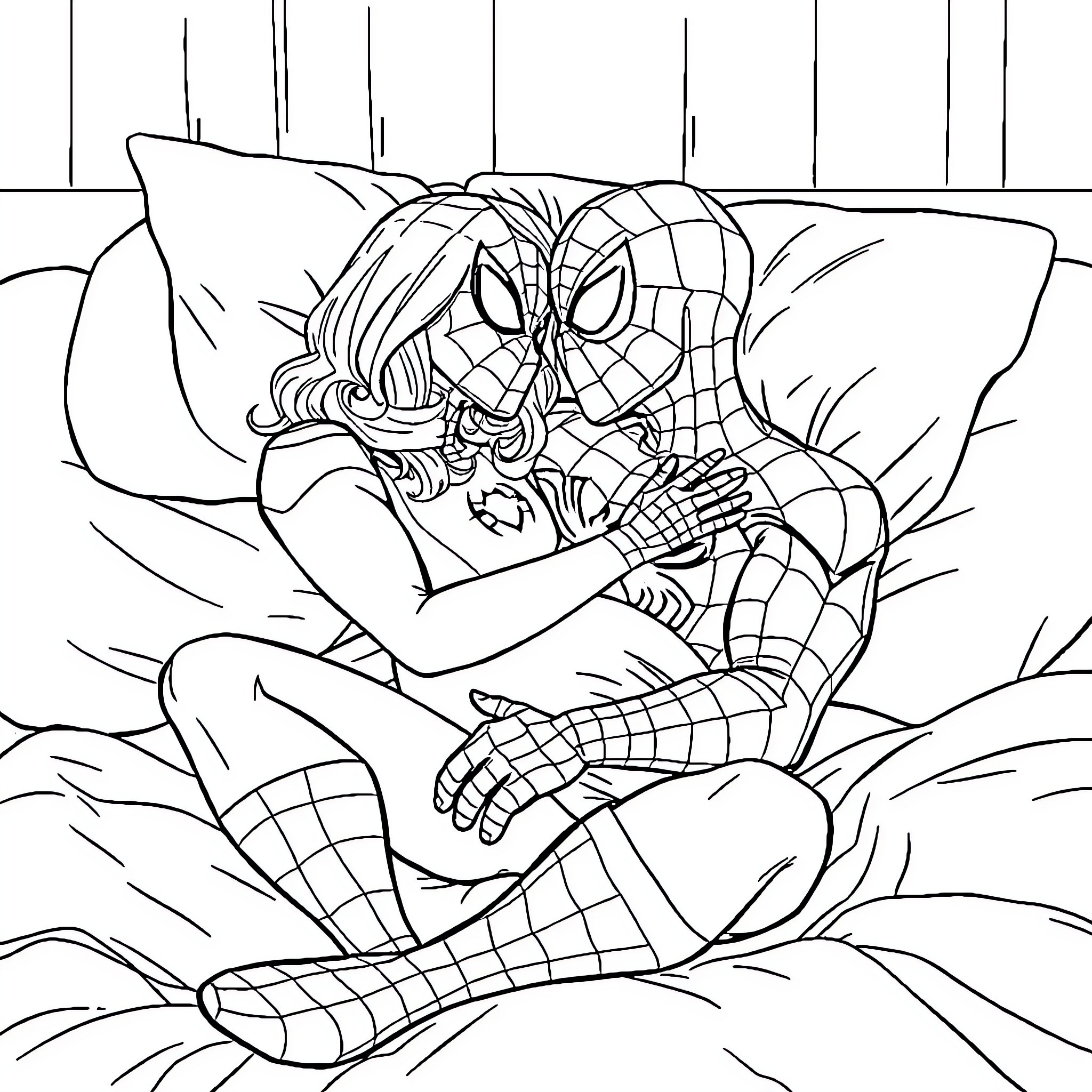 Spiderman resting and relaxing on the bed Coloring Page (free black-and-white line drawing printable PDF for all, from beginners to advanced learners, including children, teens, adults, and seniors)