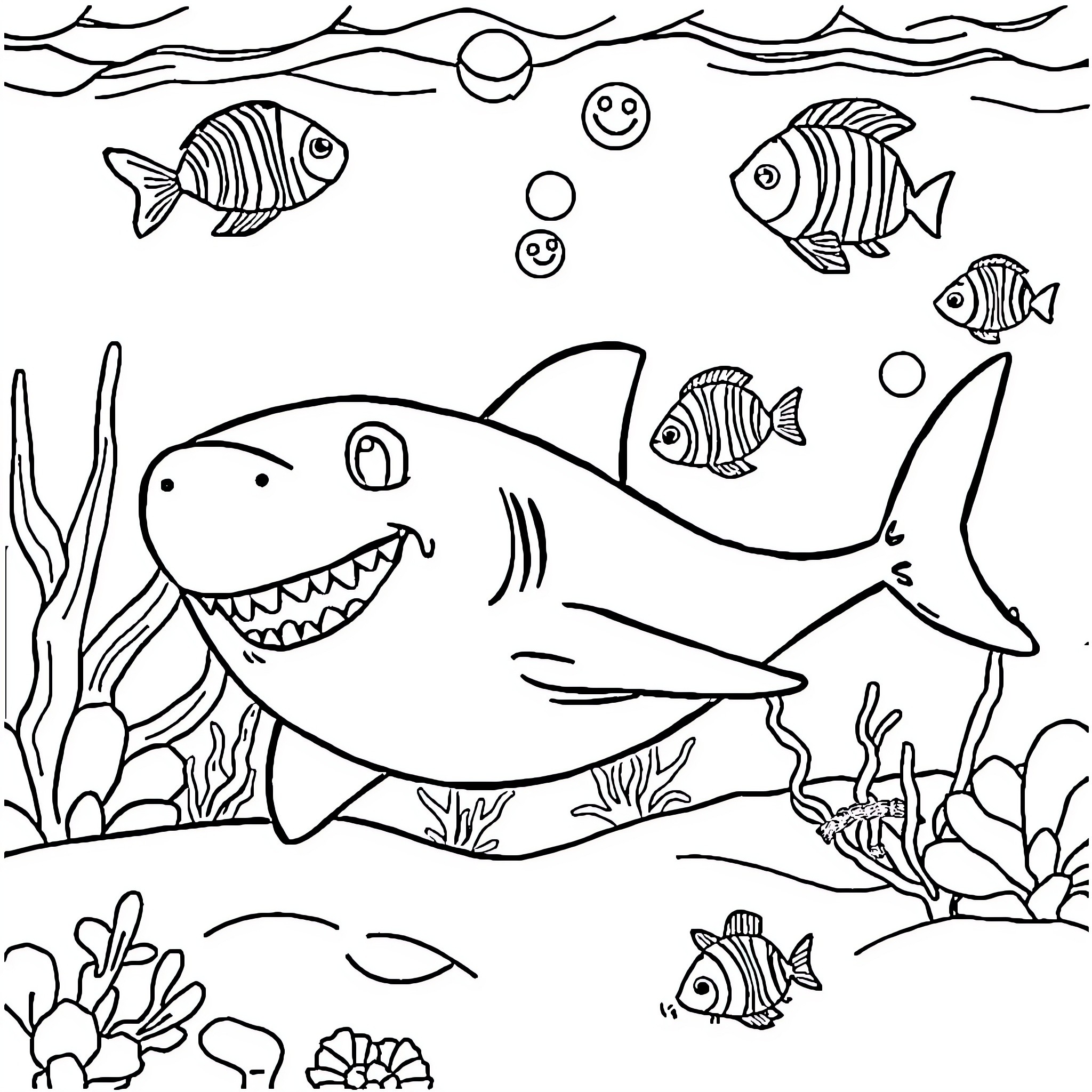 Baby Shark swimming in the ocean with fish Coloring Page (free black-and-white line drawing printable PDF for all, from beginners to advanced learners, including children, teens, adults, and seniors)