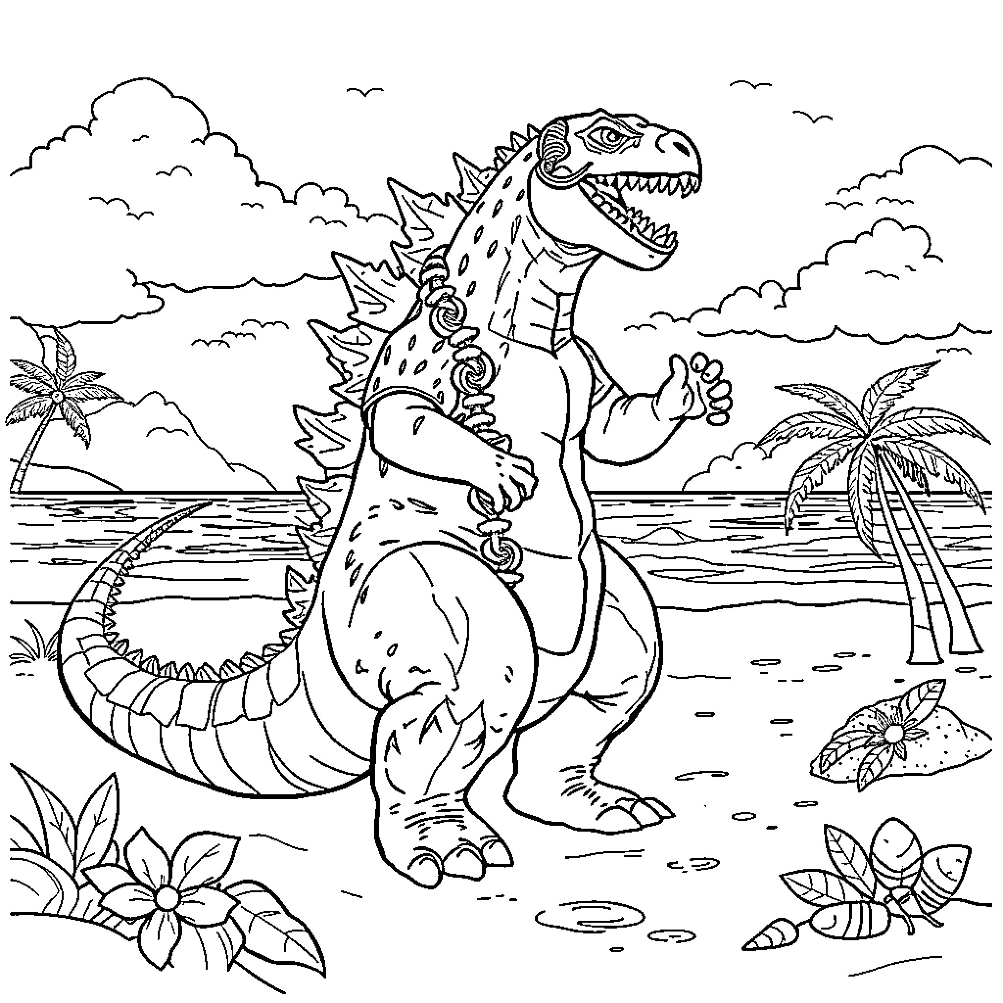 Godzilla roars in tropical island landscape Coloring Page (free black-and-white line drawing printable PDF for all, from beginners to advanced learners, including children, teens, adults, and seniors)