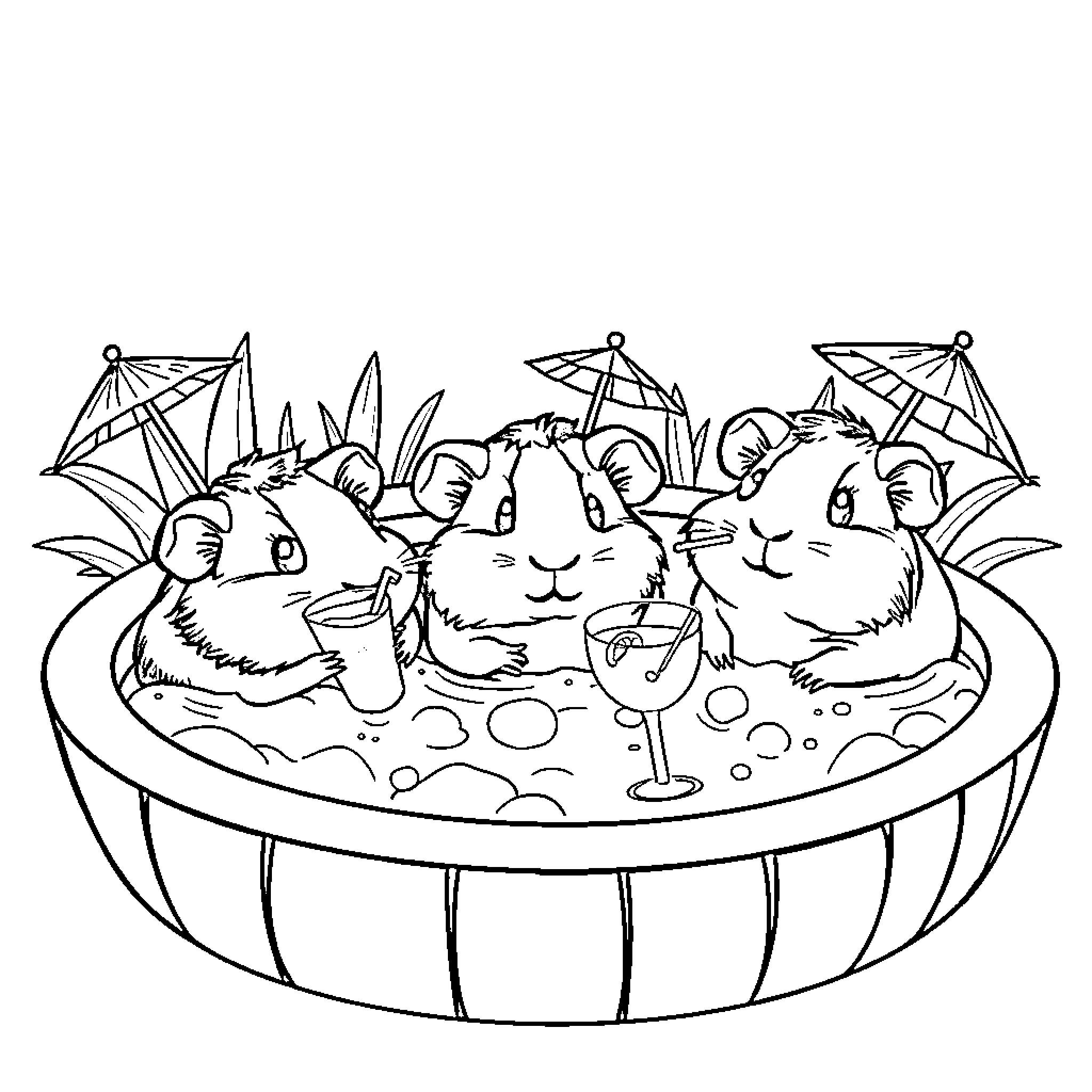 Guinea Pigs enjoying a pool party Coloring Page (free black-and-white line drawing printable PDF for all, from beginners to advanced learners, including children, teens, adults, and seniors)