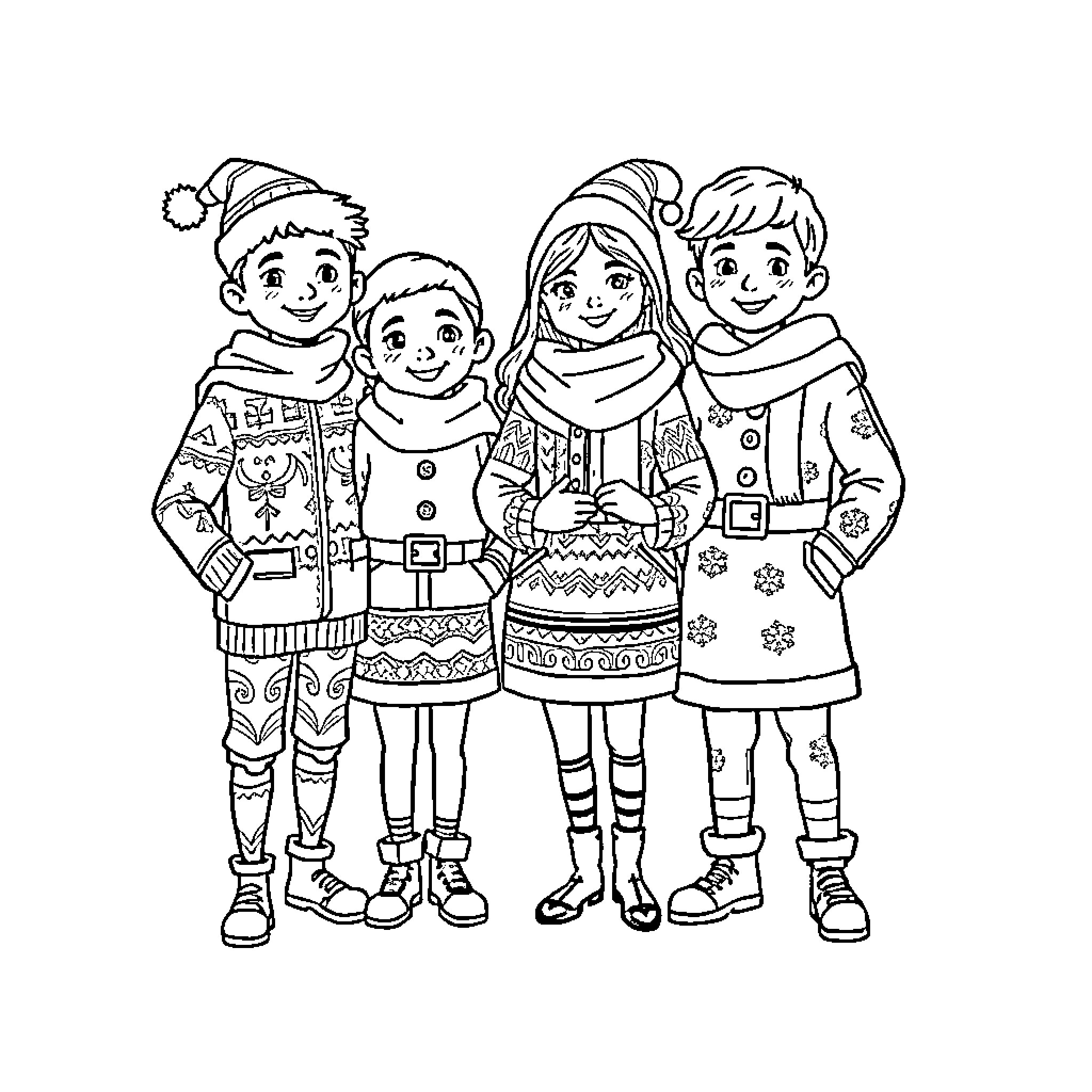 Rumi and Friends in Winter Celebration Coloring Page (free black-and-white line drawing printable PDF for all, from beginners to advanced learners, including children, teens, adults, and seniors)