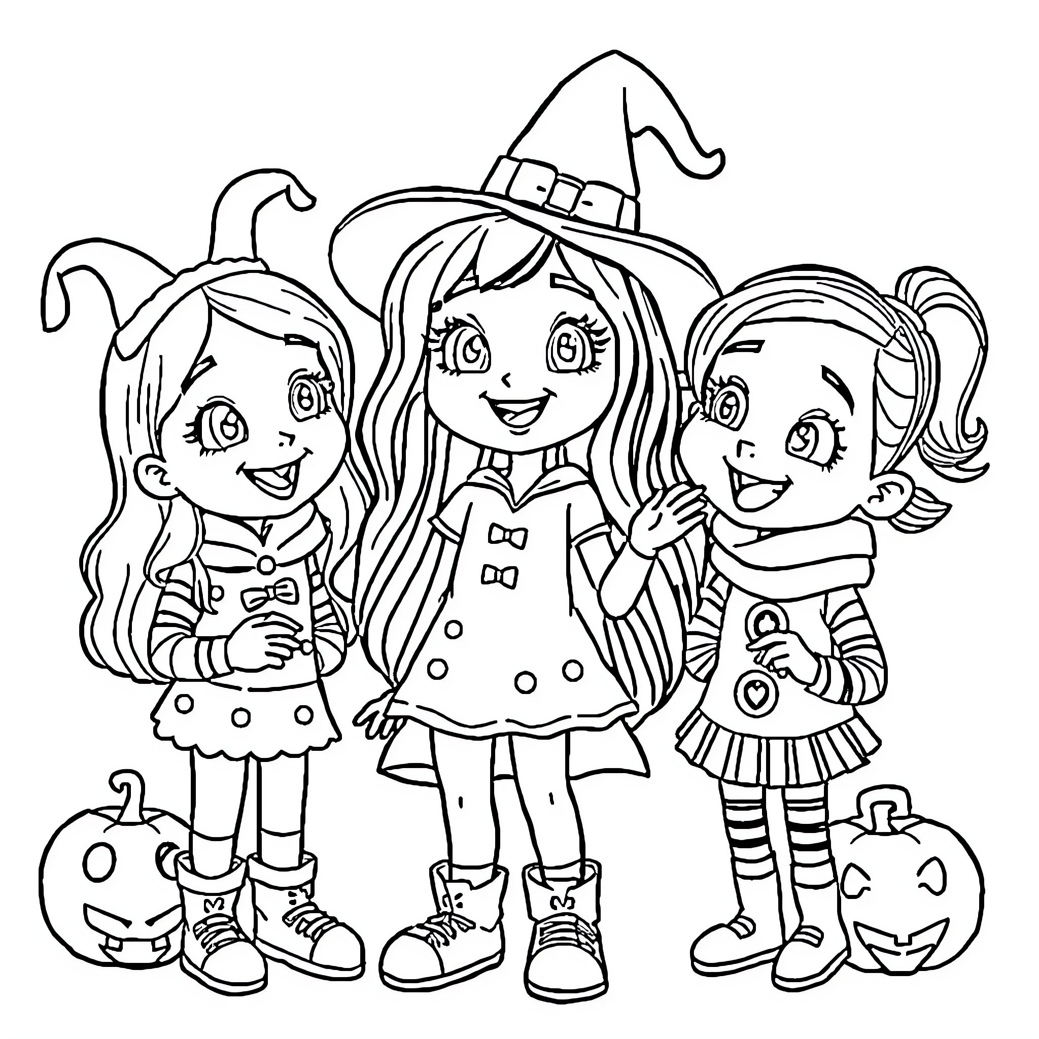 Gabby and friends in Halloween costumes Coloring Page (free black-and-white line drawing printable PDF for all, from beginners to advanced learners, including children, teens, adults, and seniors)