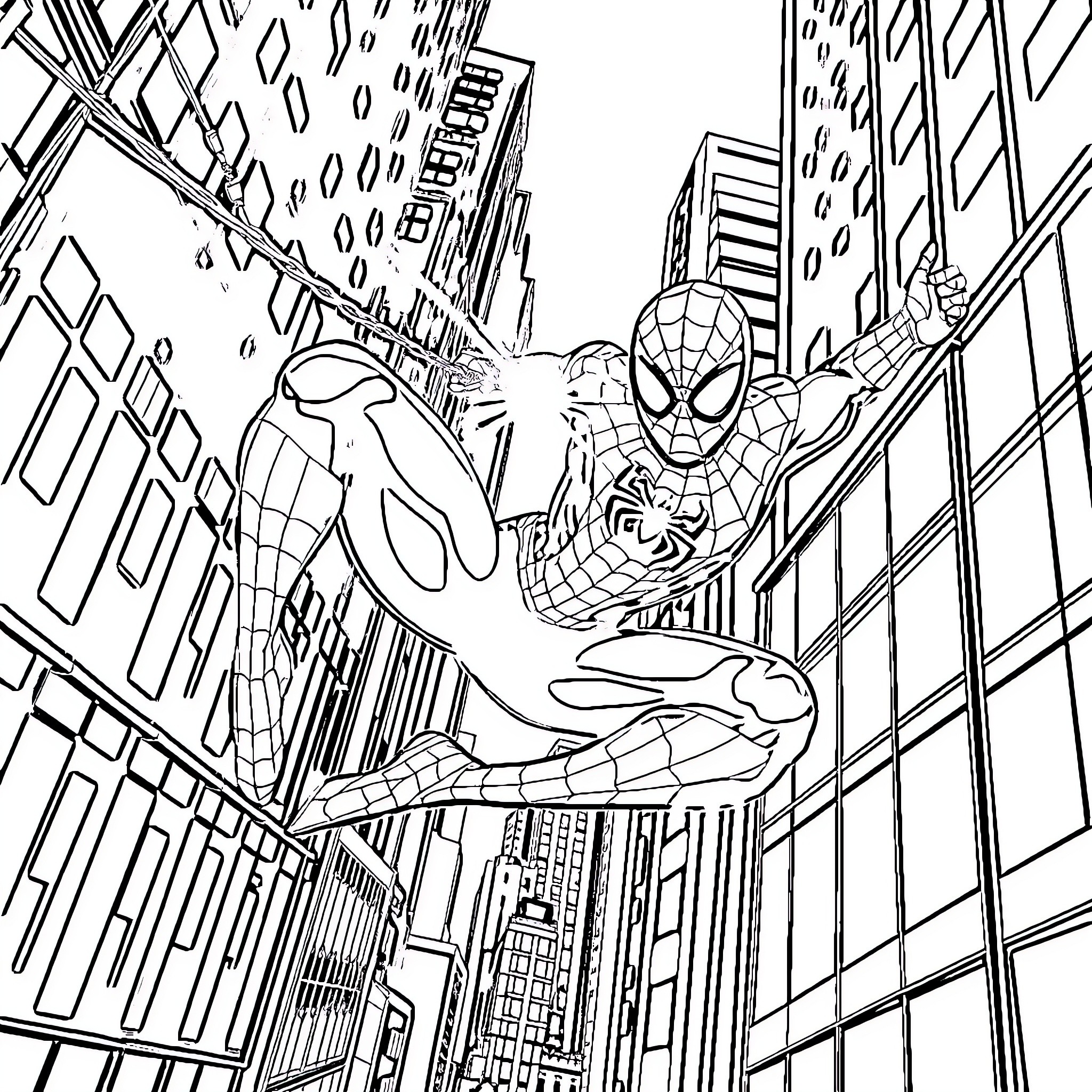 Spiderman swinging through the city skyline Coloring Page (free black-and-white line drawing printable PDF for all, from beginners to advanced learners, including children, teens, adults, and seniors)