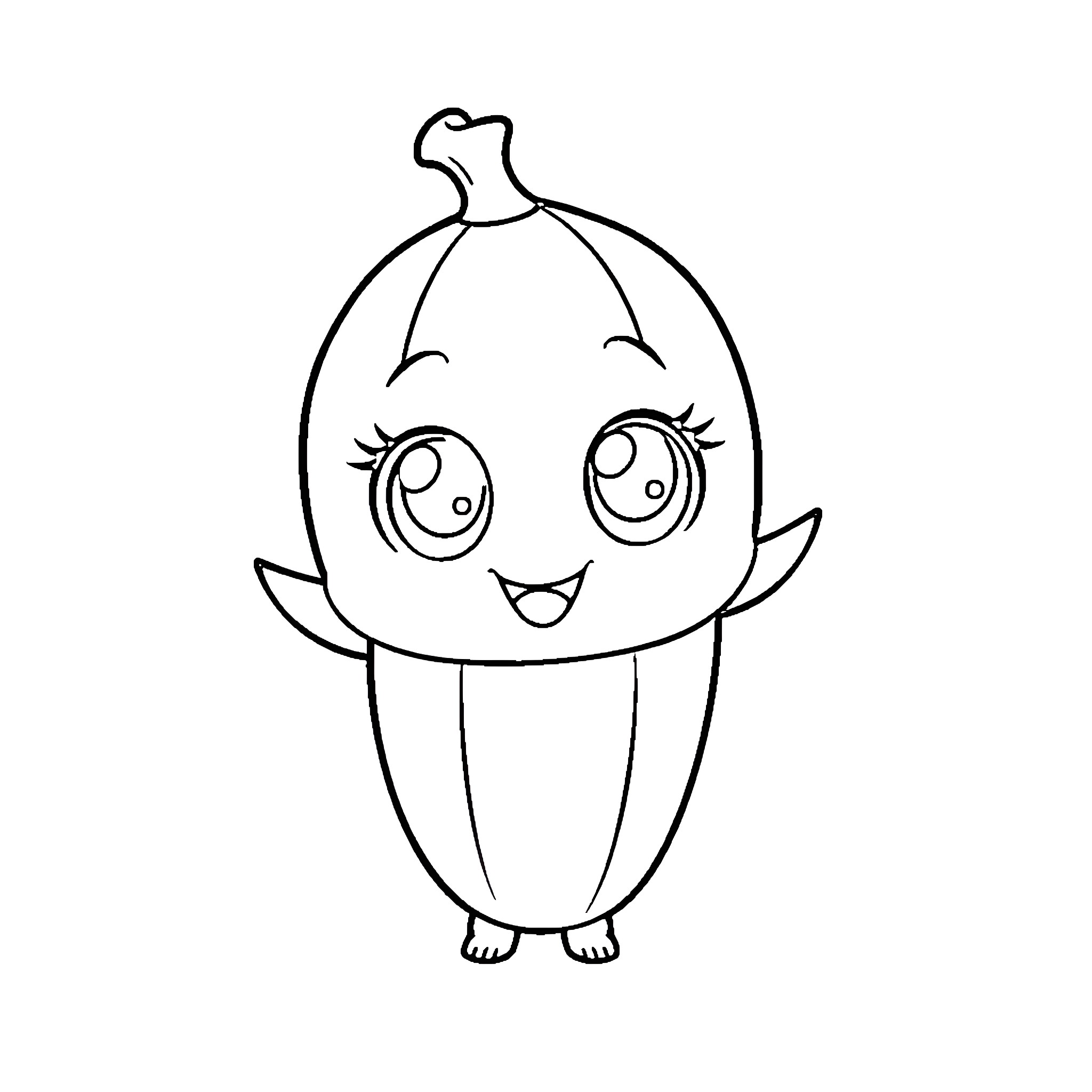 Banana-shaped character with big eyes and happy expression Coloring Page (free black-and-white line drawing printable PDF for all, from beginners to advanced learners, including children, teens, adults, and seniors)