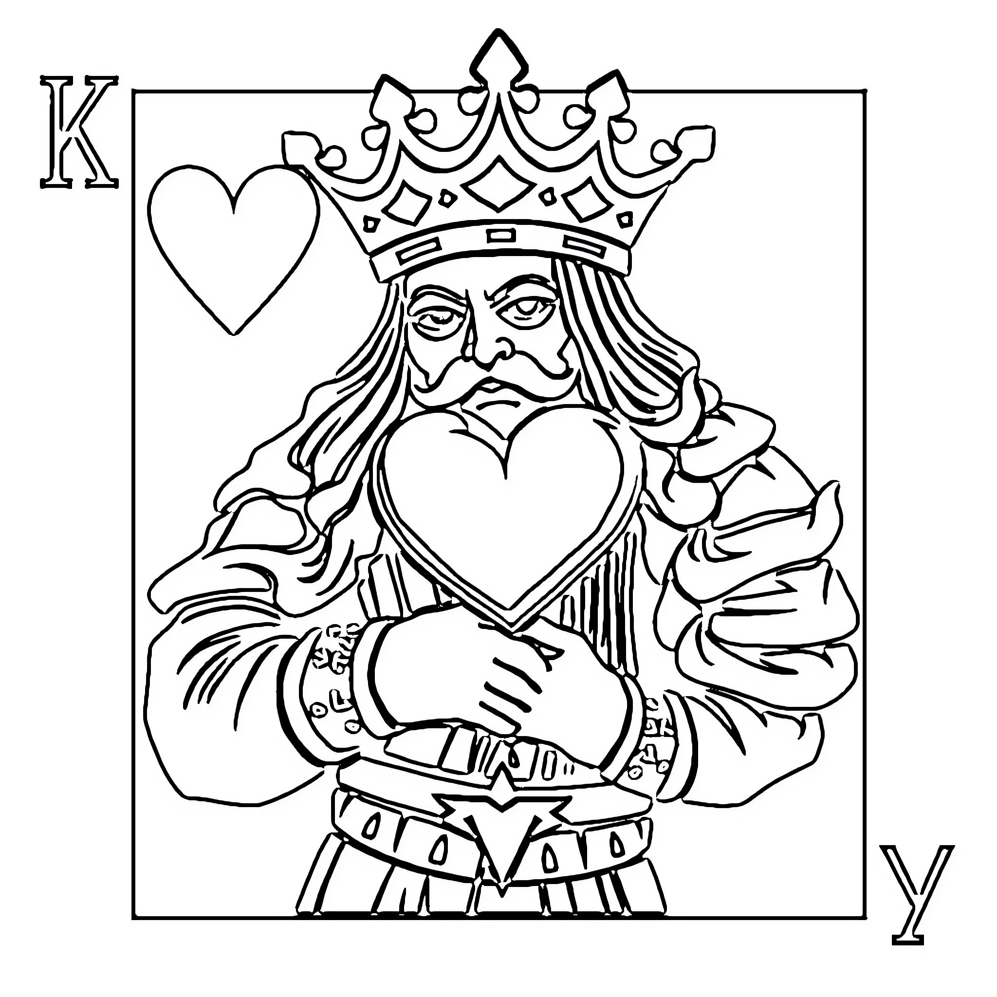 King holding a heart in his royal attire Coloring Page (free black-and-white line drawing printable PDF for all, from beginners to advanced learners, including children, teens, adults, and seniors)