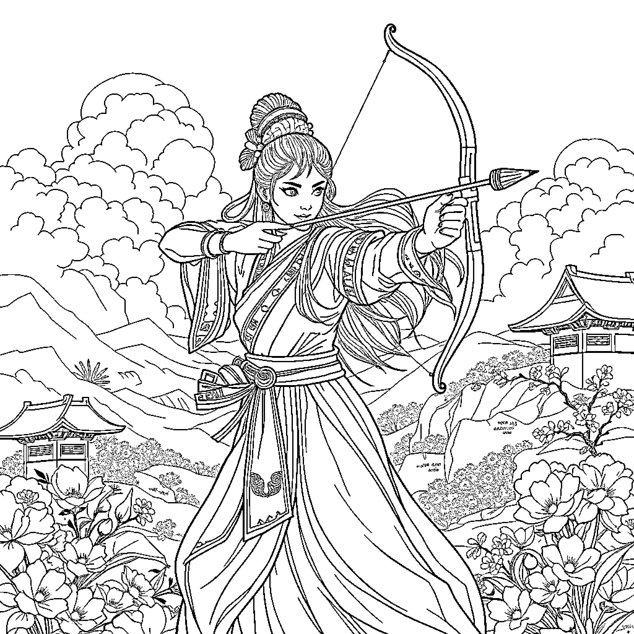 Princess Archer Aiming Her Bow in Scenic Landscape Coloring Page (free black-and-white line drawing printable PDF for all, from beginners to advanced learners, including children, teens, adults, and seniors)