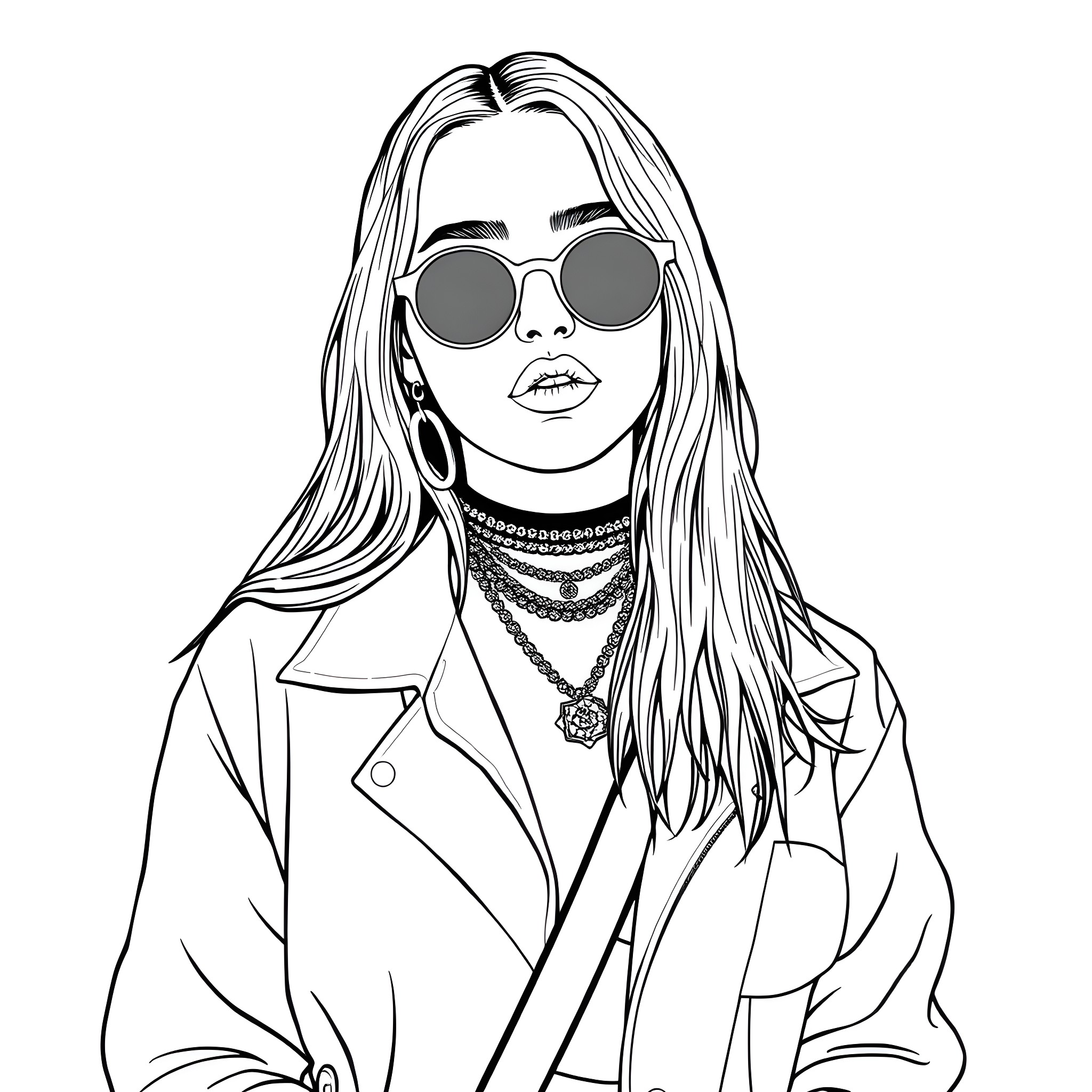 Billie Eilish in Stylish Attire and Accessories Coloring Page (free black-and-white line drawing printable PDF for all, from beginners to advanced learners, including children, teens, adults, and seniors)