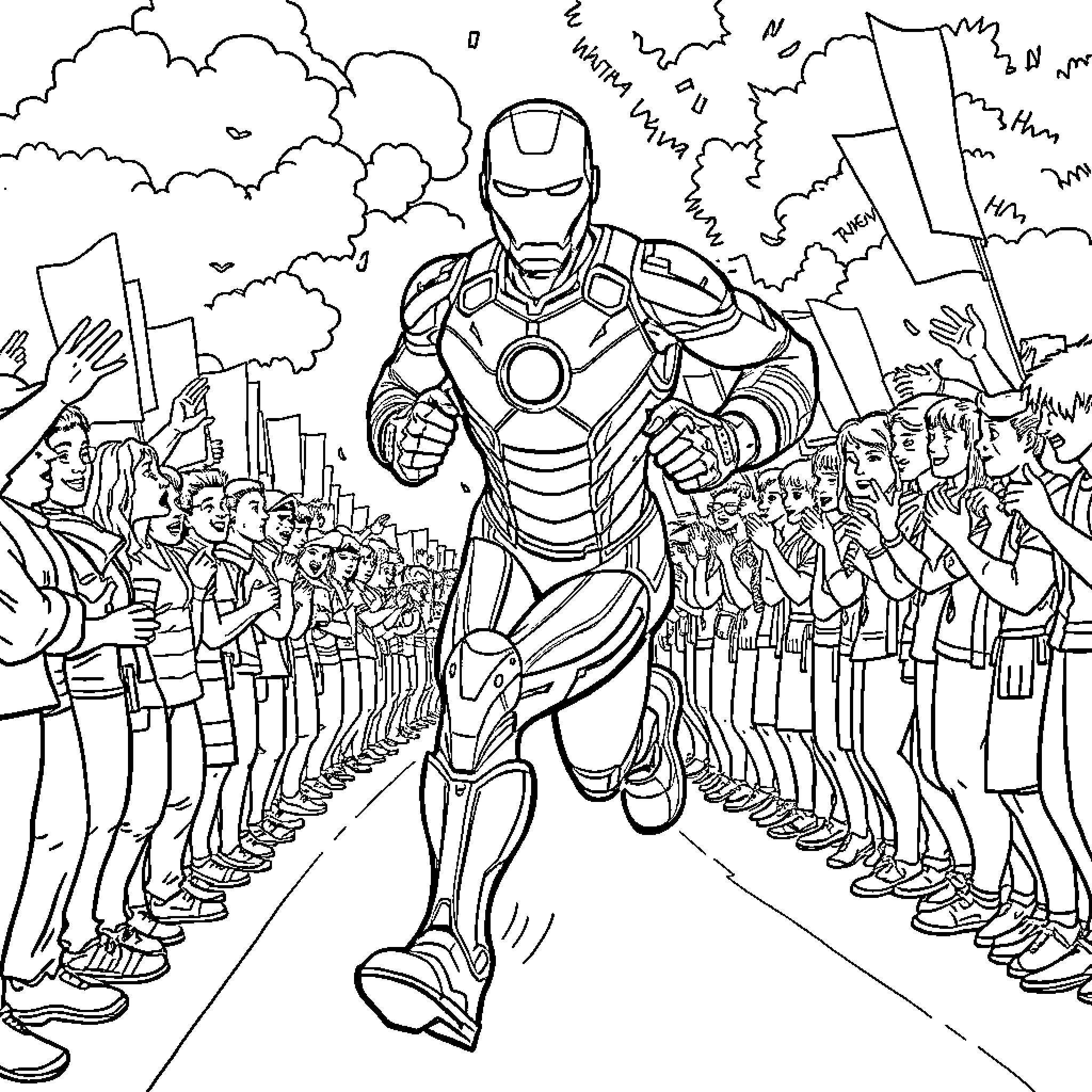 Ironman leads the heroic parade through the city Coloring Page (free black-and-white line drawing printable PDF for all, from beginners to advanced learners, including children, teens, adults, and seniors)