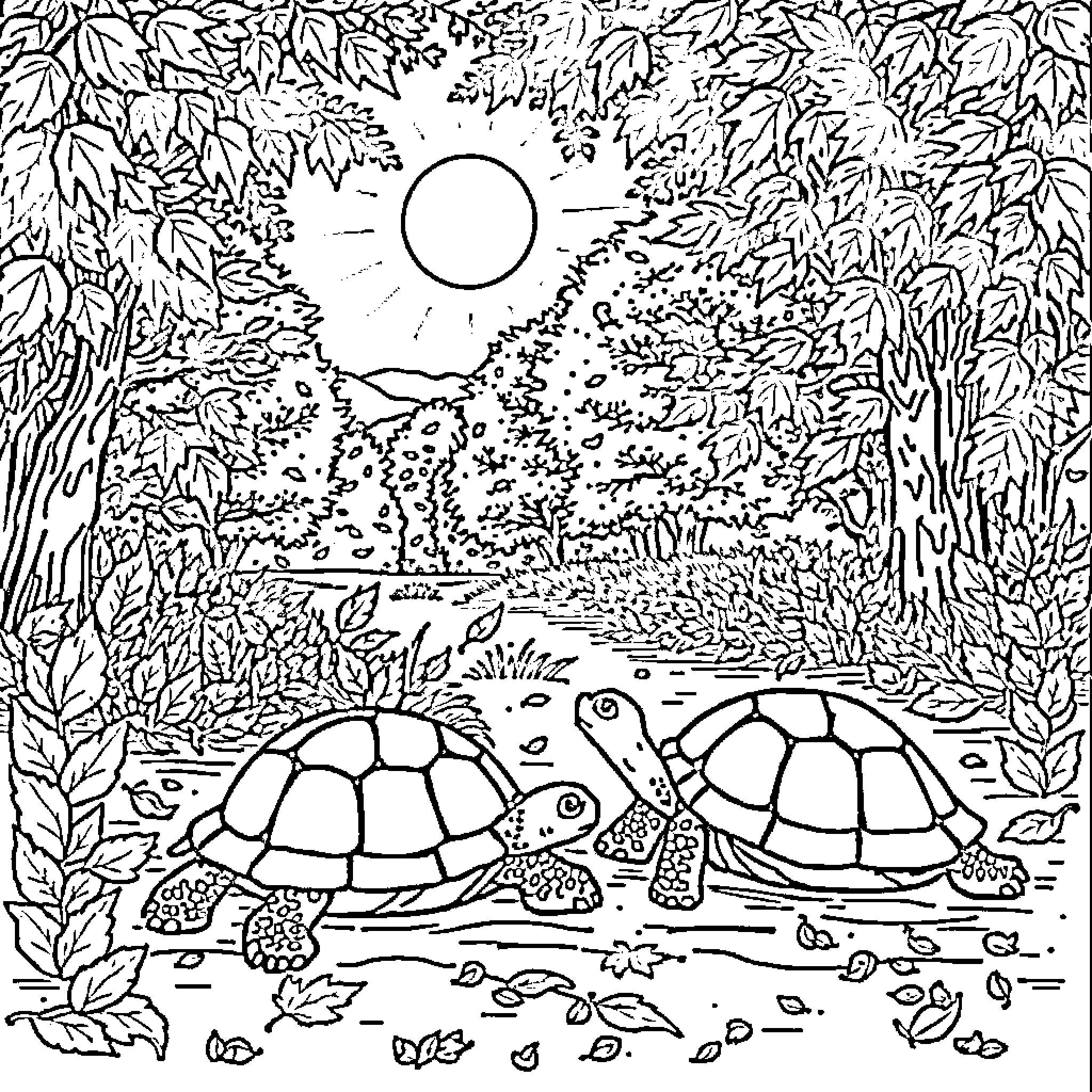Turtle Nature Landscape Scene Coloring Page (free black-and-white line drawing printable PDF for all, from beginners to advanced learners, including children, teens, adults, and seniors)