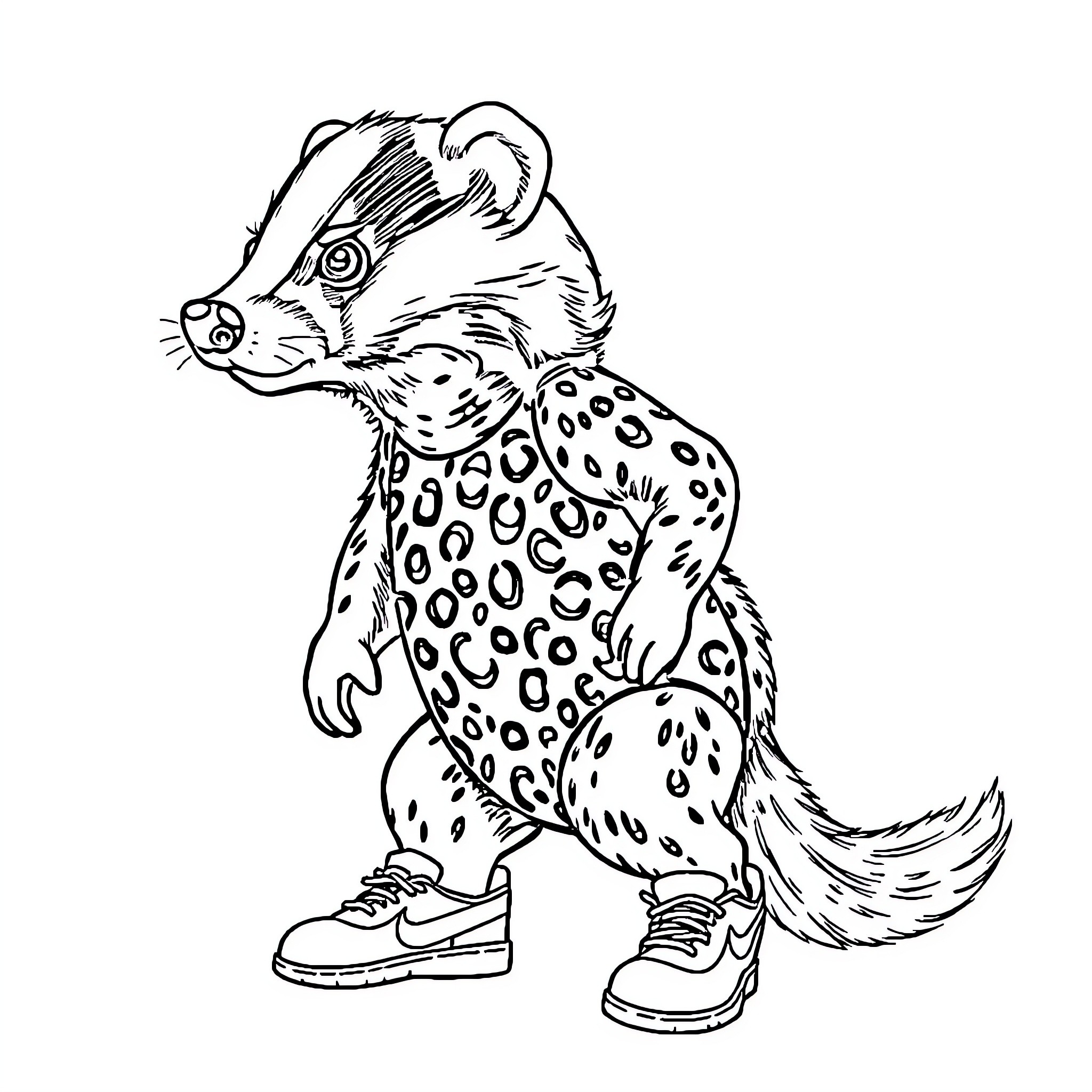 Honey Badger exploring in stylish sneakers Coloring Page (free black-and-white line drawing printable PDF for all, from beginners to advanced learners, including children, teens, adults, and seniors)