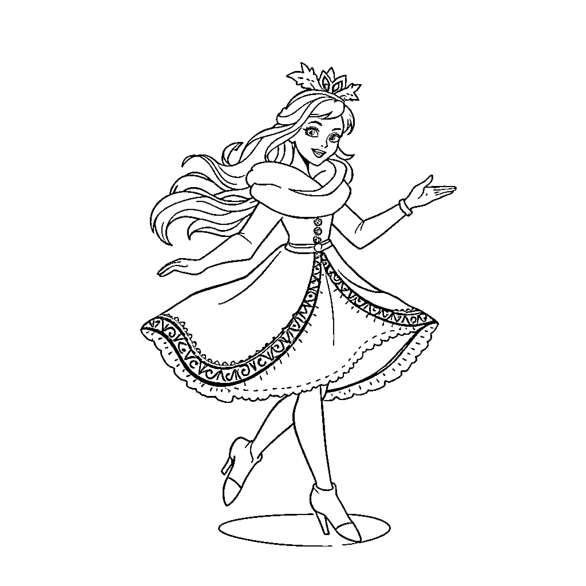 Snow Queen wearing a crown and elegant gown Coloring Page (free black-and-white line drawing printable PDF for all, from beginners to advanced learners, including children, teens, adults, and seniors)