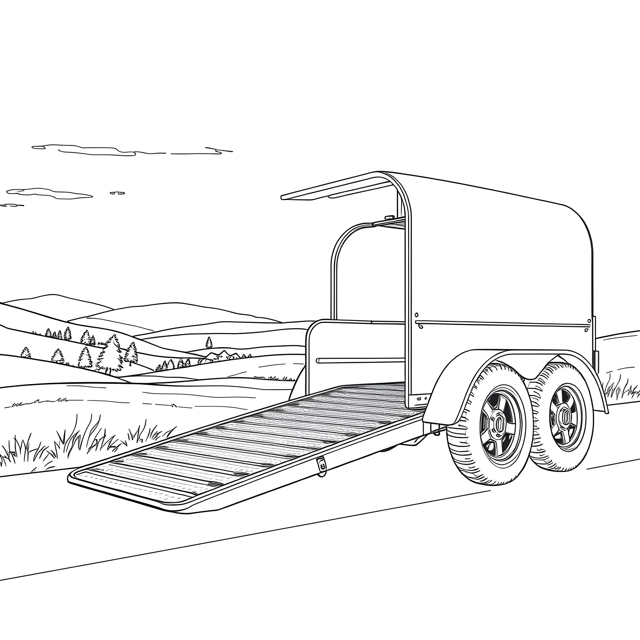 Car Trailer Transporting a Vehicle through Scenic Countryside Coloring Page (free black-and-white line drawing printable PDF for all, from beginners to advanced learners, including children, teens, adults, and seniors)