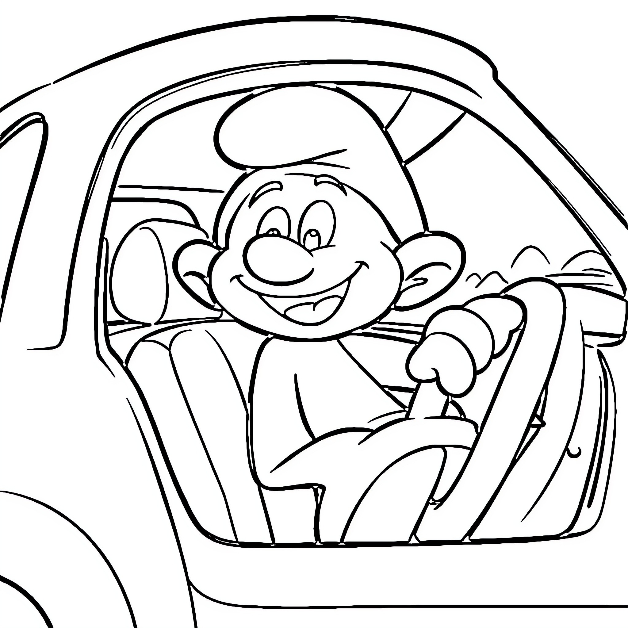 Smurf driving happily in a car Coloring Page (free black-and-white line drawing printable PDF for all, from beginners to advanced learners, including children, teens, adults, and seniors)