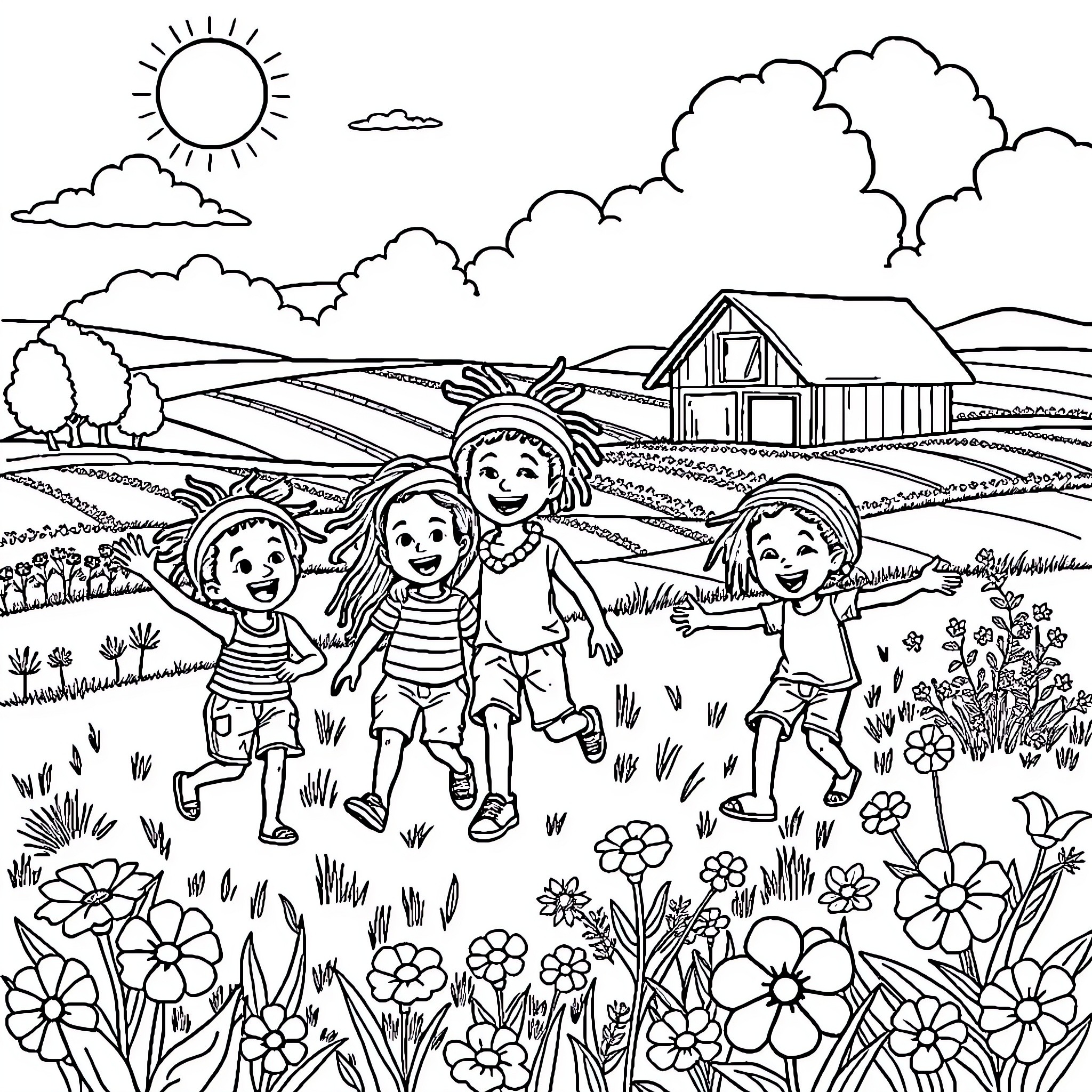 Rastafari Kid Exploring the Countryside with Friends Coloring Page (free black-and-white line drawing printable PDF for all, from beginners to advanced learners, including children, teens, adults, and seniors)