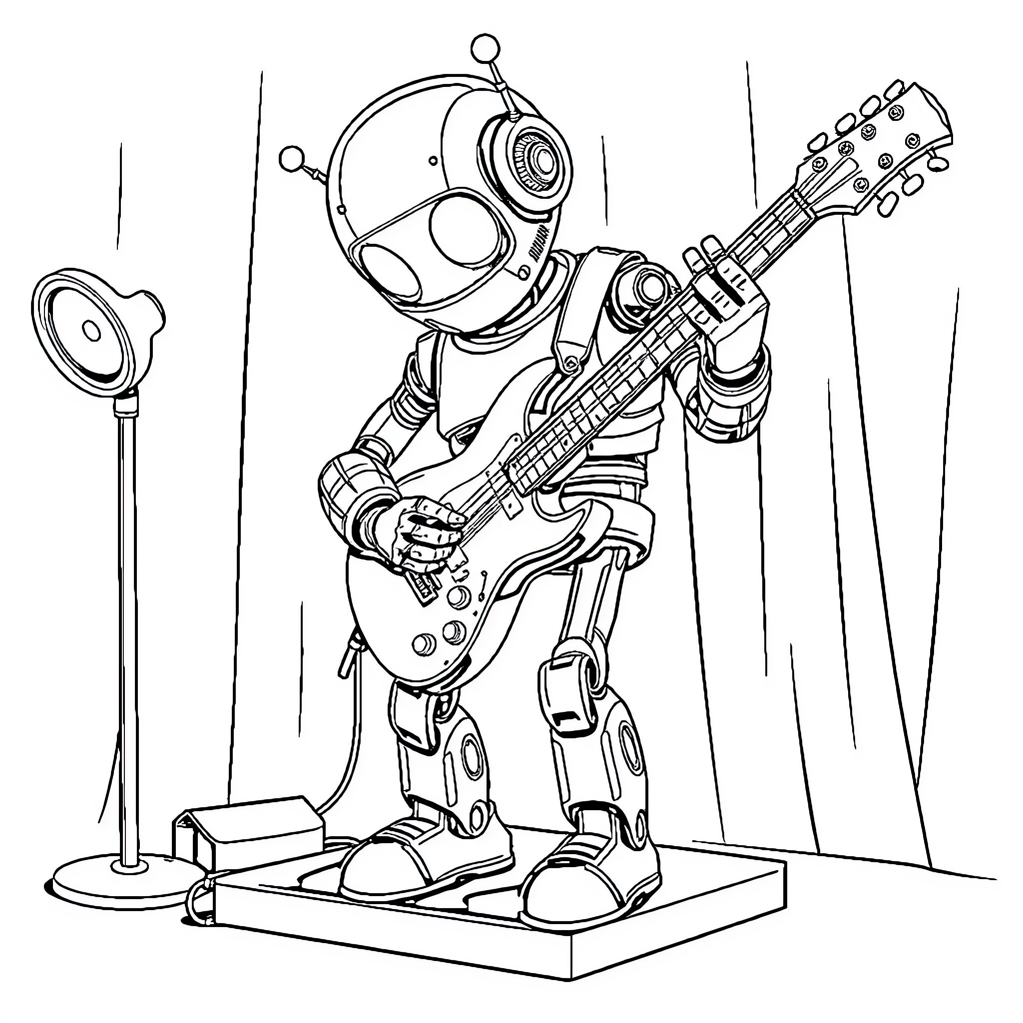 Robot playing electric guitar on stage Coloring Page (free black-and-white line drawing printable PDF for all, from beginners to advanced learners, including children, teens, adults, and seniors)