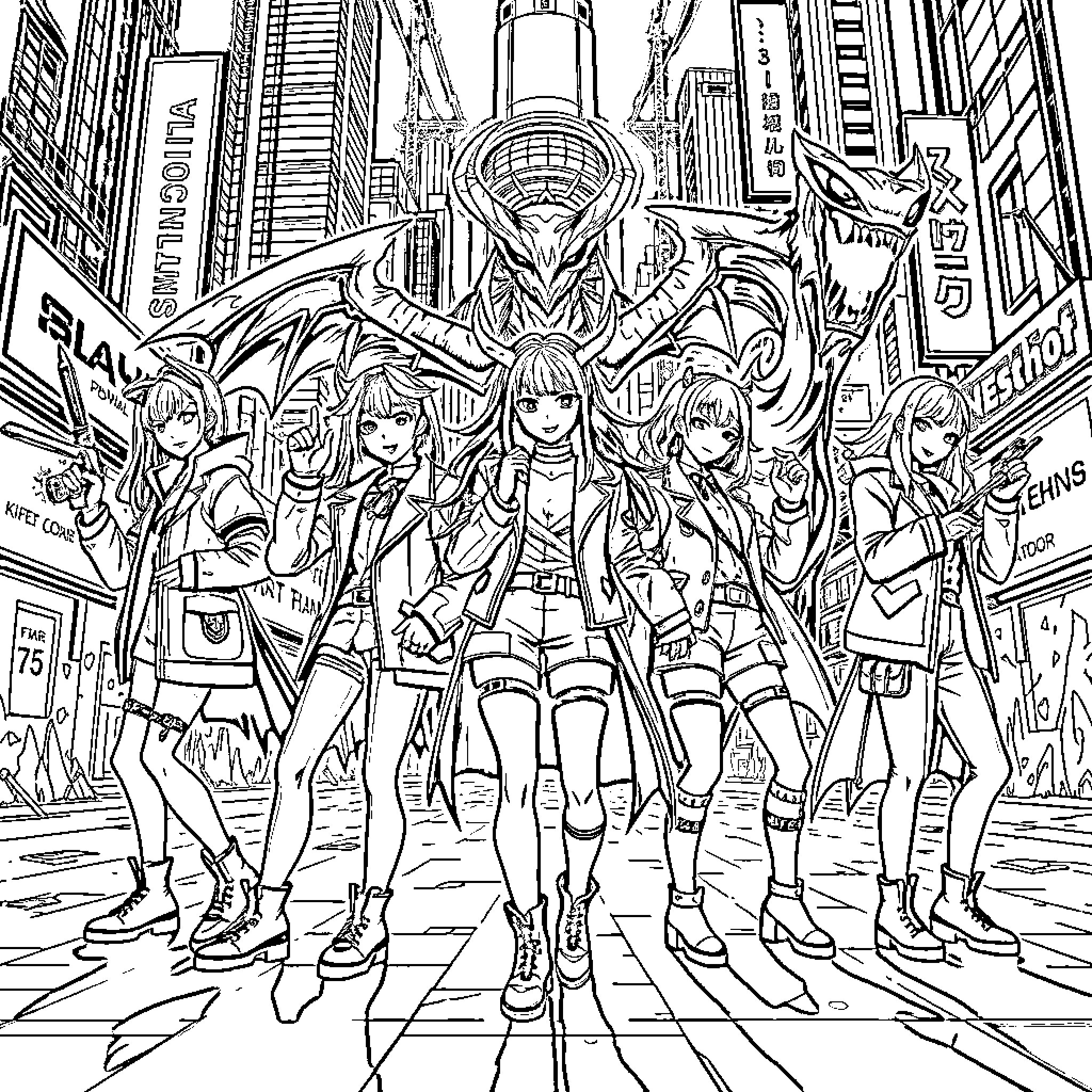 Demon Hunter Heroines in the Bustling City Coloring Page (free black-and-white line drawing printable PDF for all, from beginners to advanced learners, including children, teens, adults, and seniors)