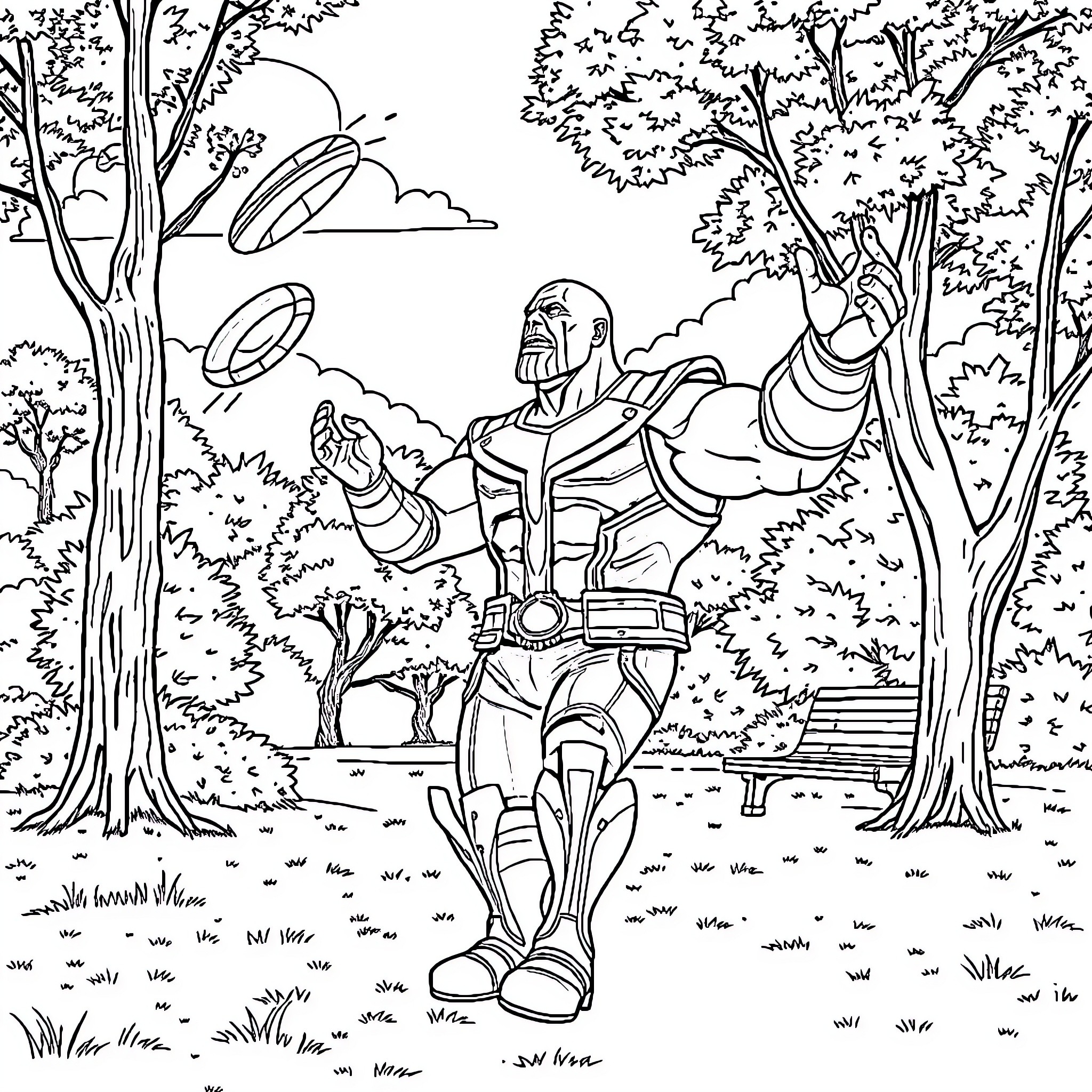 Thanos in a serene forest landscape Coloring Page (free black-and-white line drawing printable PDF for all, from beginners to advanced learners, including children, teens, adults, and seniors)