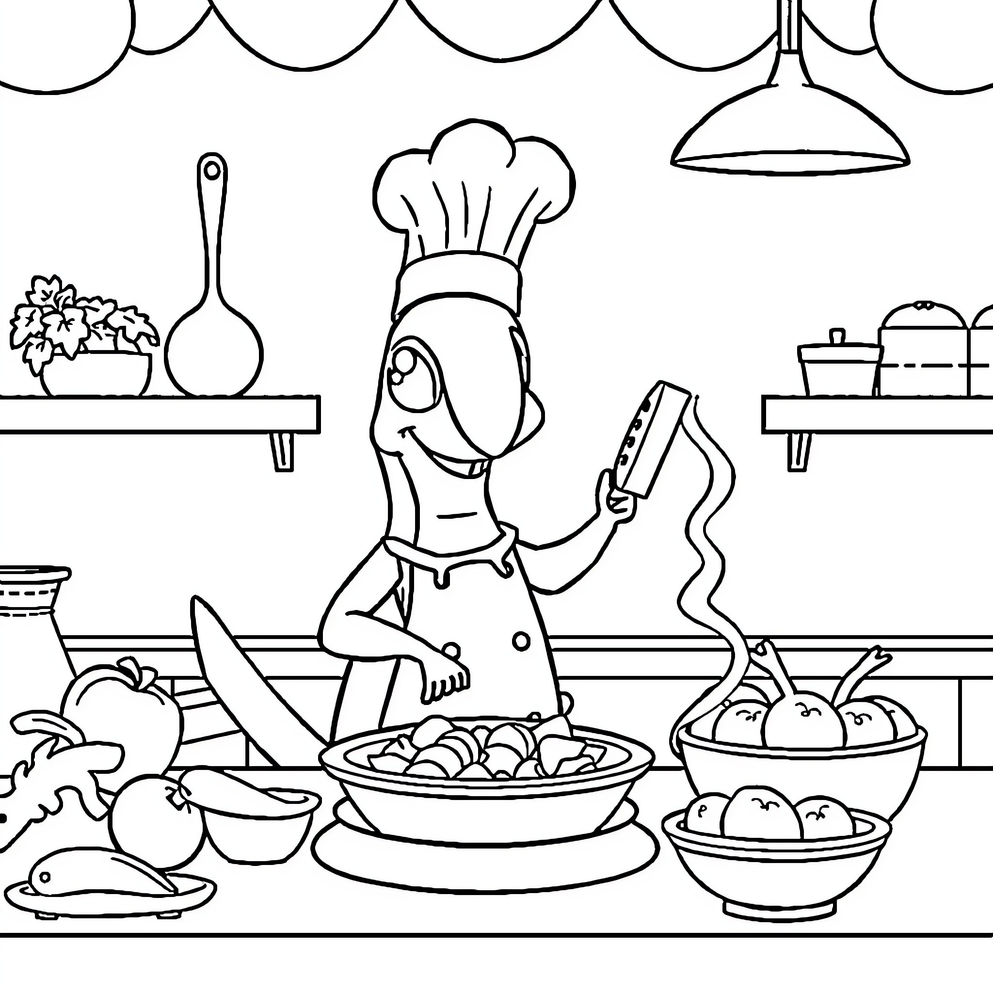 Paw Patrol Pups Cooking in the Kitchen Coloring Page (free black-and-white line drawing printable PDF for all, from beginners to advanced learners, including children, teens, adults, and seniors)