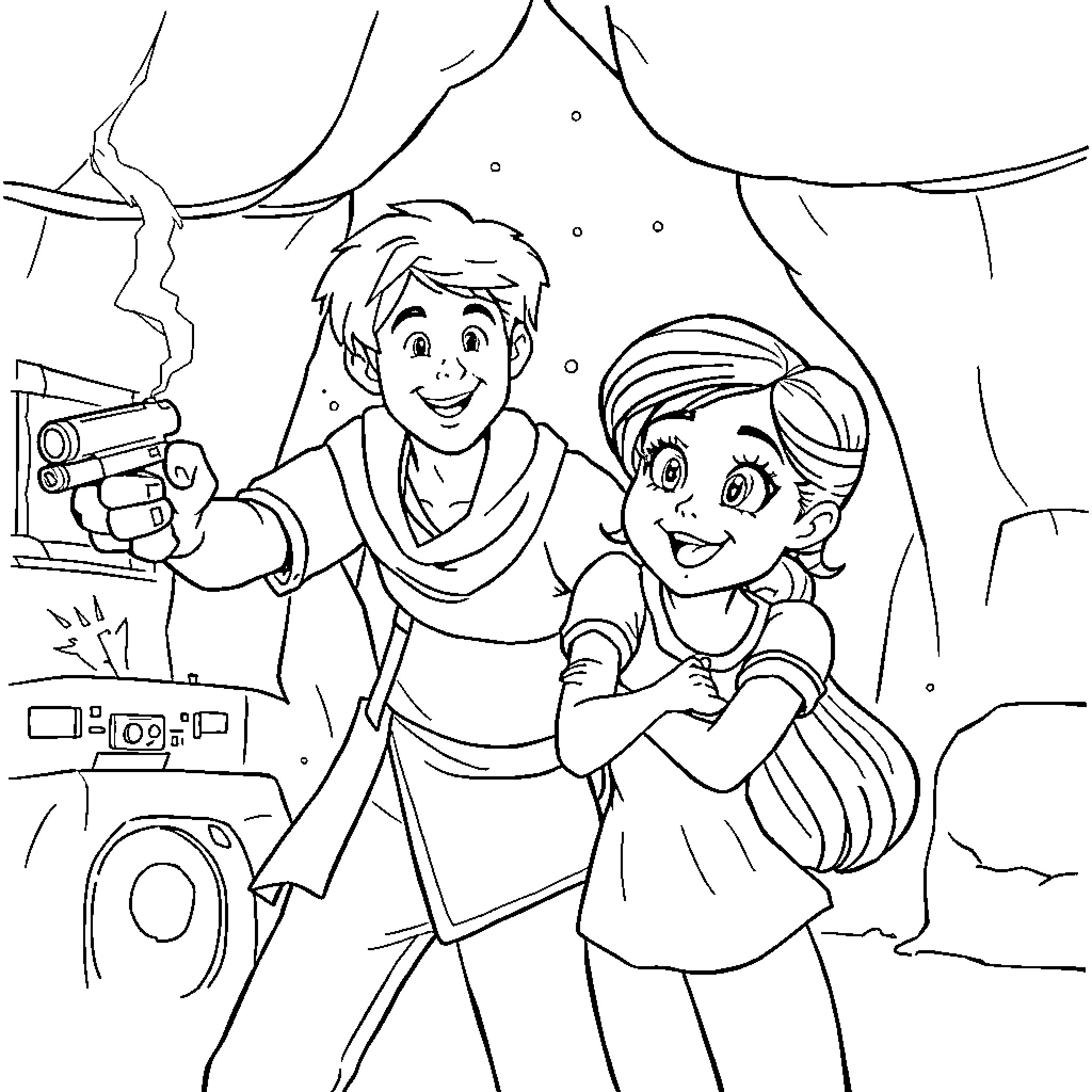 Samantha and Friend's Adventurous Exploration Coloring Page (free black-and-white line drawing printable PDF for all, from beginners to advanced learners, including children, teens, adults, and seniors)
