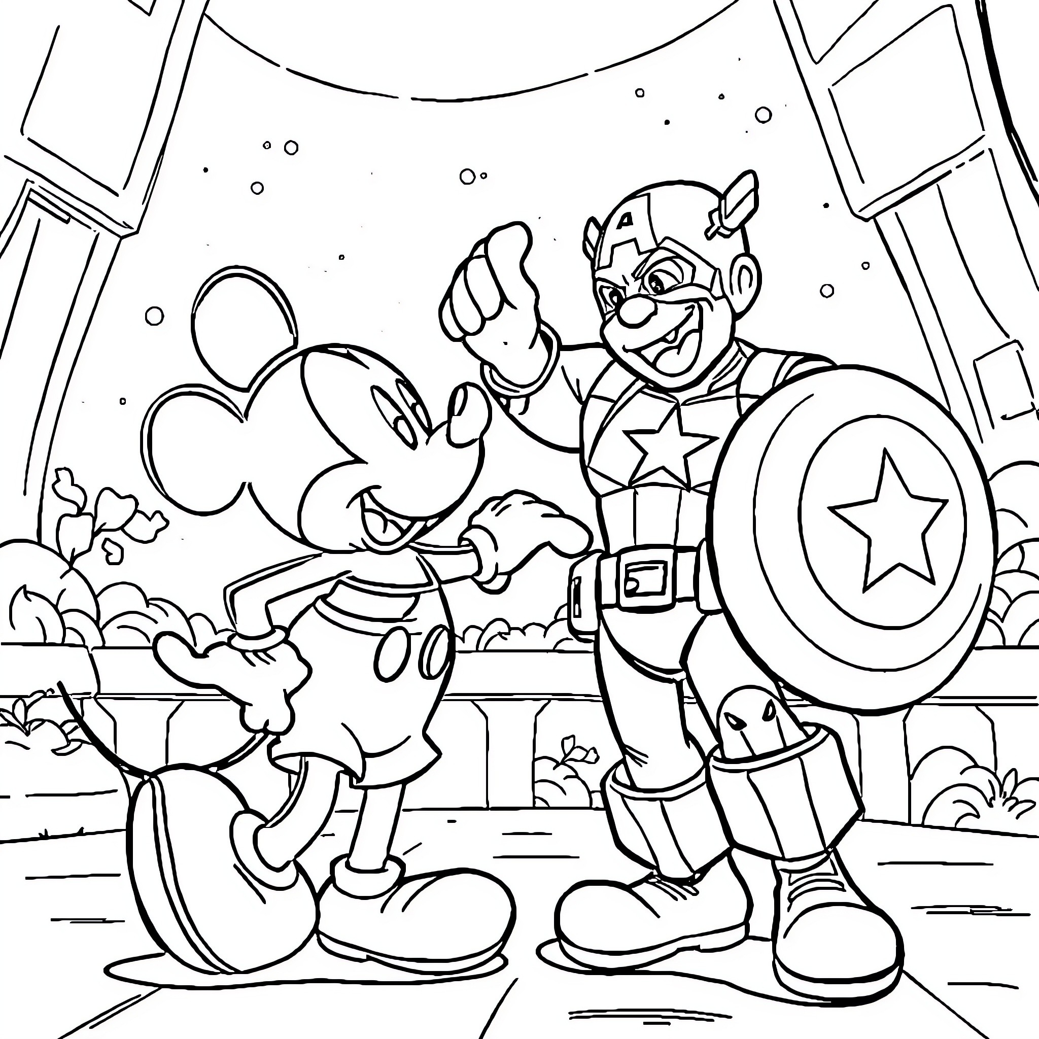 Mickey and Captain America's heroic adventure Coloring Page (free black-and-white line drawing printable PDF for all, from beginners to advanced learners, including children, teens, adults, and seniors)