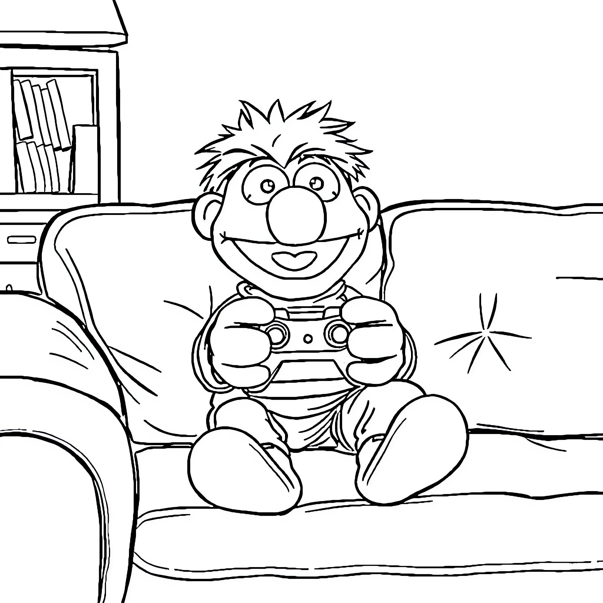 Billy playing video games happily on the couch Coloring Page (free black-and-white line drawing printable PDF for all, from beginners to advanced learners, including children, teens, adults, and seniors)
