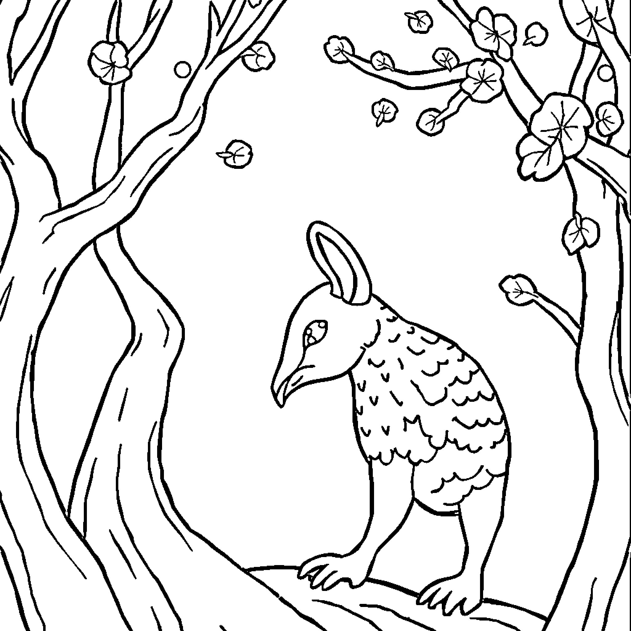 Cat in nature with blossoming tree branches Coloring Page (free black-and-white line drawing printable PDF for all, from beginners to advanced learners, including children, teens, adults, and seniors)