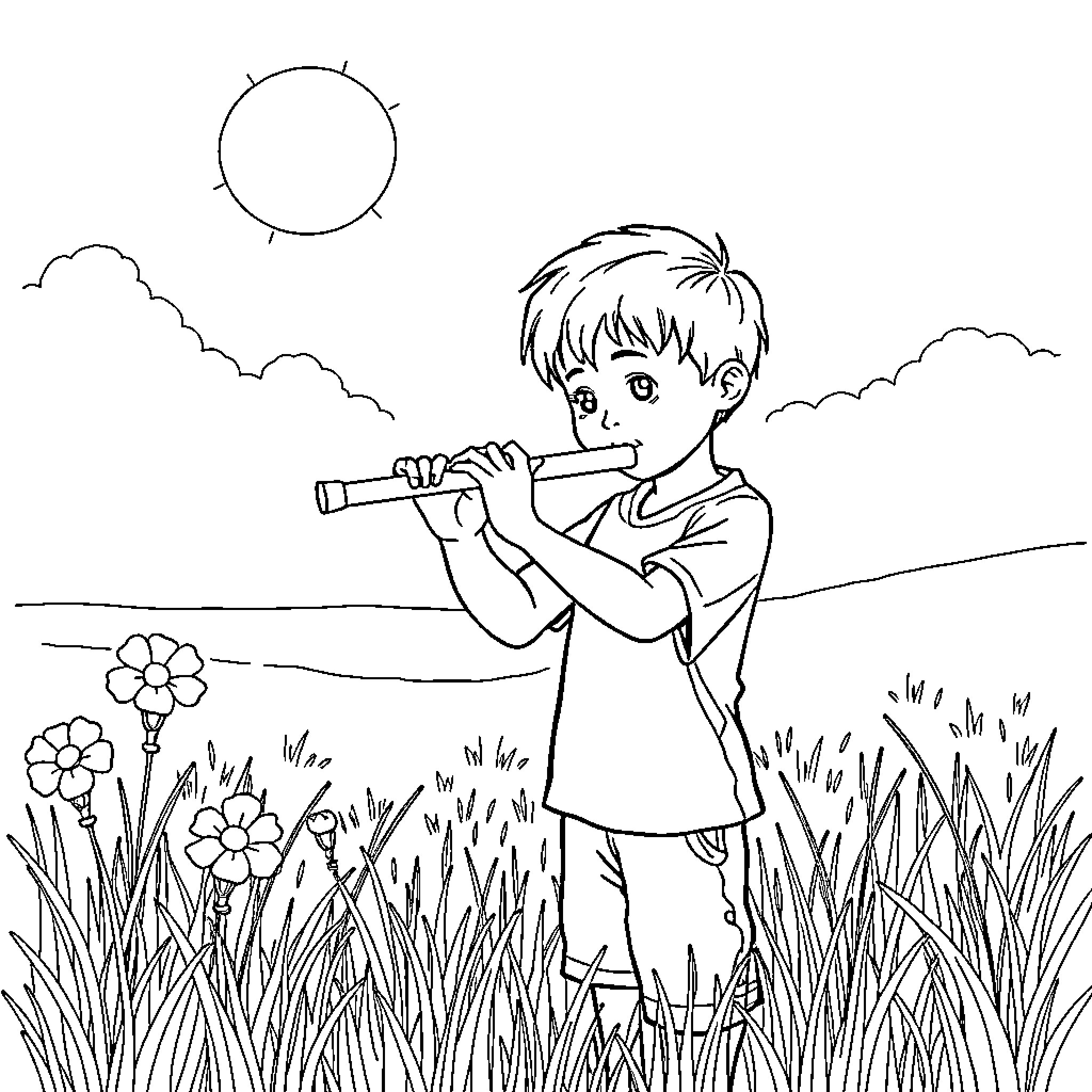 Boy exploring nature with binoculars Coloring Page (free black-and-white line drawing printable PDF for all, from beginners to advanced learners, including children, teens, adults, and seniors)