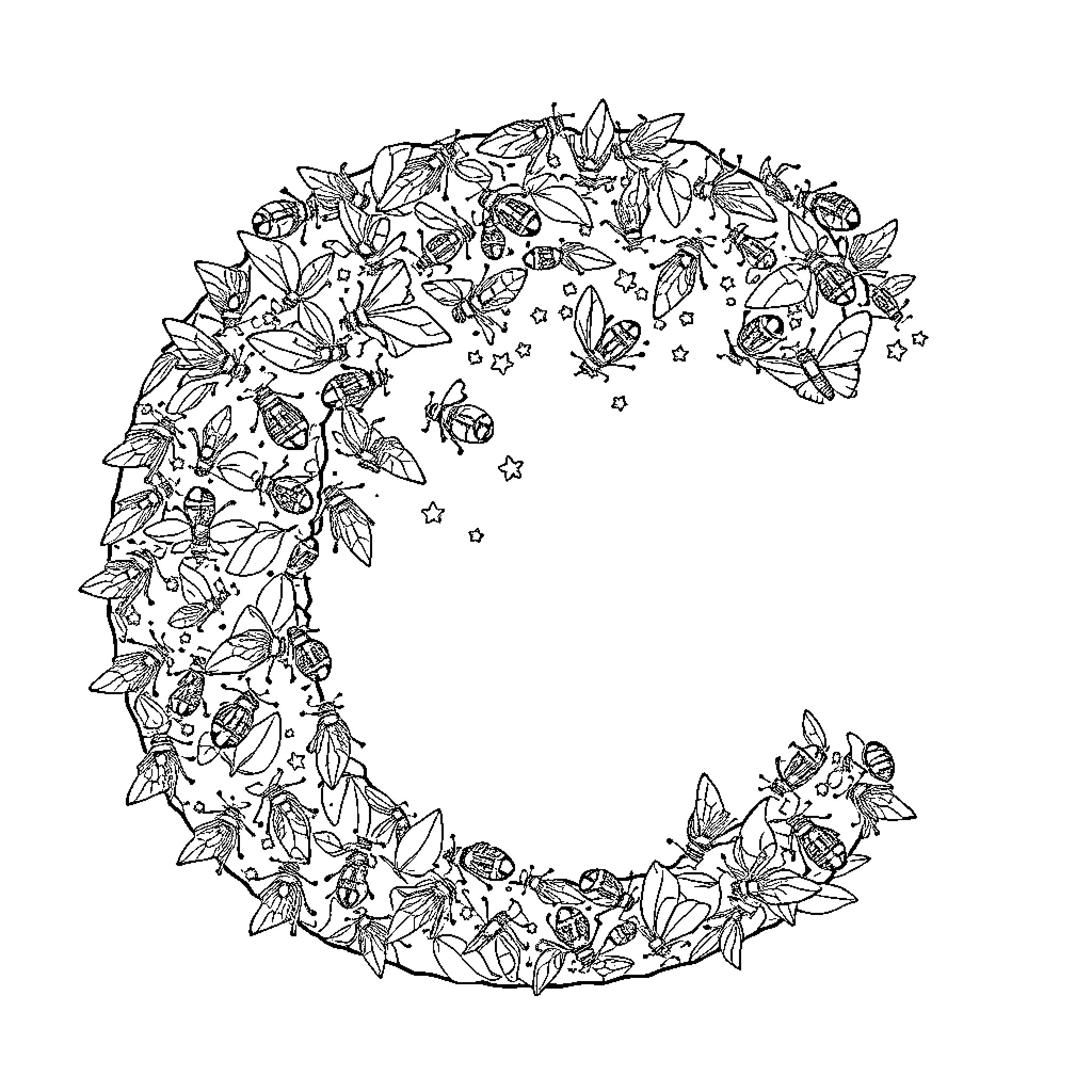 Letter C Composed of Enchanting Botanical Elements Coloring Page (free black-and-white line drawing printable PDF for all, from beginners to advanced learners, including children, teens, adults, and seniors)