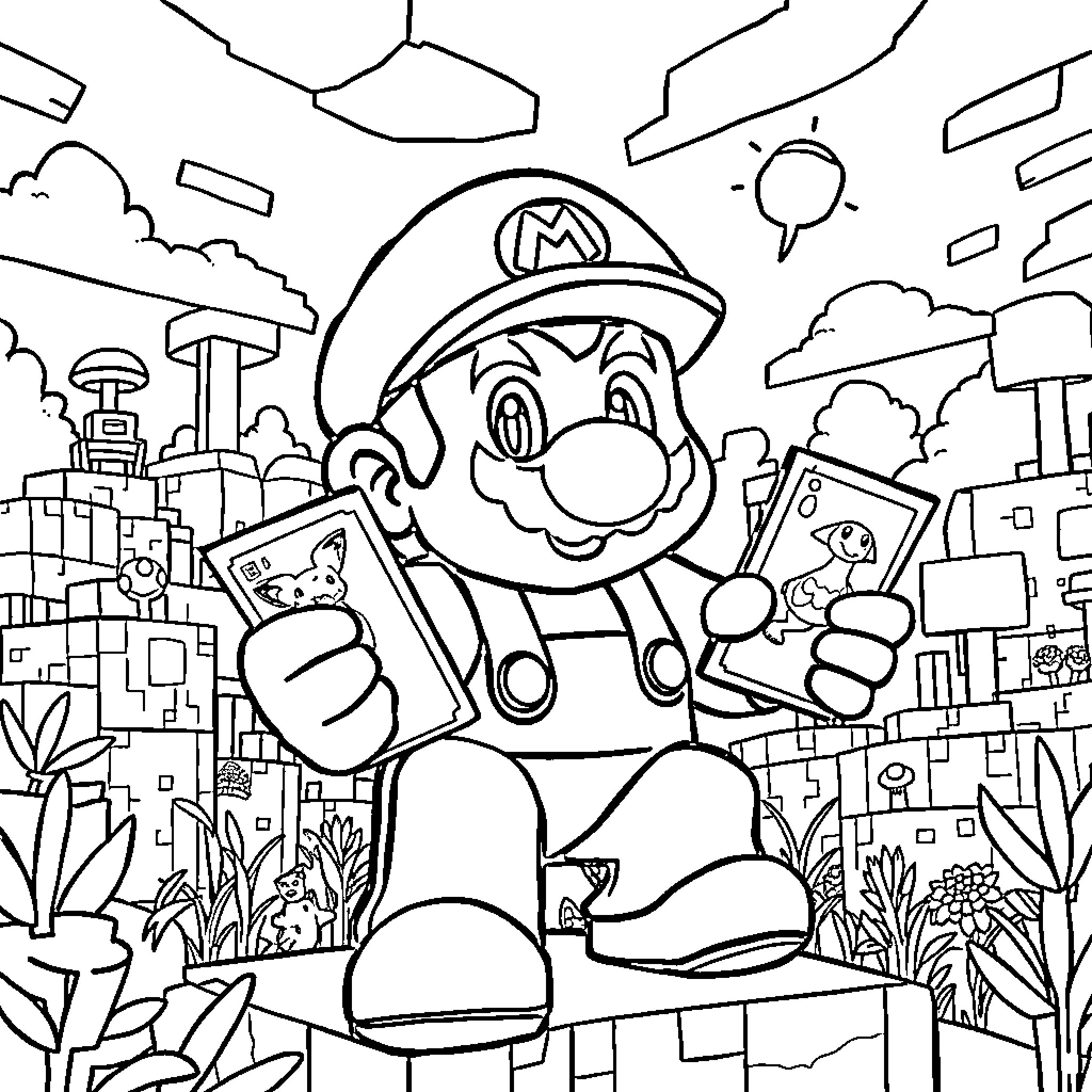 Mario exploring the city with video game characters Coloring Page (free black-and-white line drawing printable PDF for all, from beginners to advanced learners, including children, teens, adults, and seniors)
