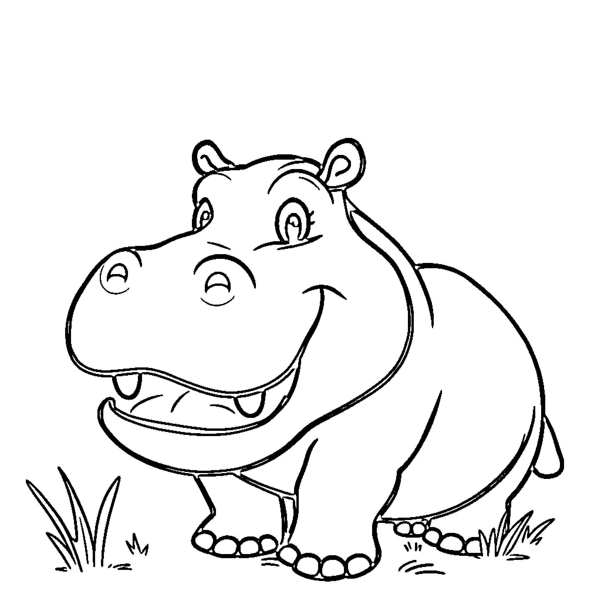 Hippopotamus happily smiling in the grass Coloring Page (free black-and-white line drawing printable PDF for all, from beginners to advanced learners, including children, teens, adults, and seniors)