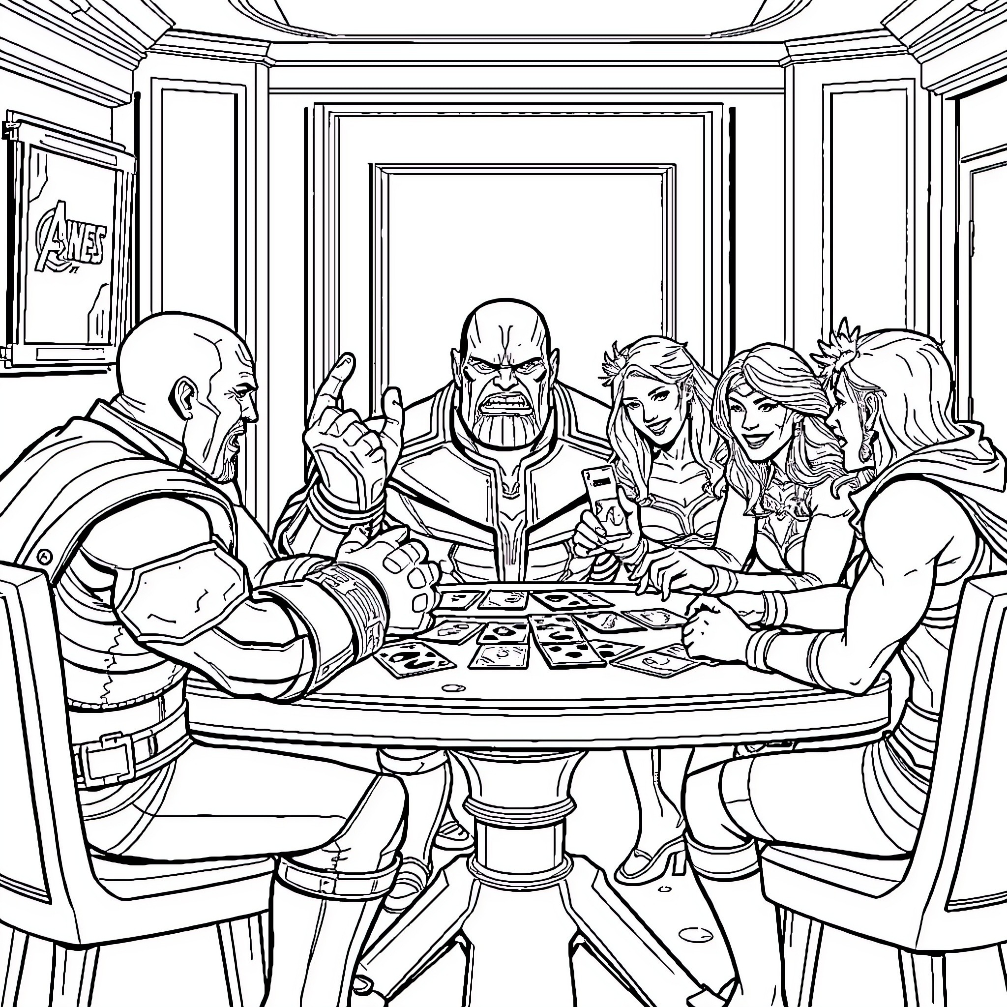 Thanos Gathering with Superheroes at the Table Coloring Page (free black-and-white line drawing printable PDF for all, from beginners to advanced learners, including children, teens, adults, and seniors)