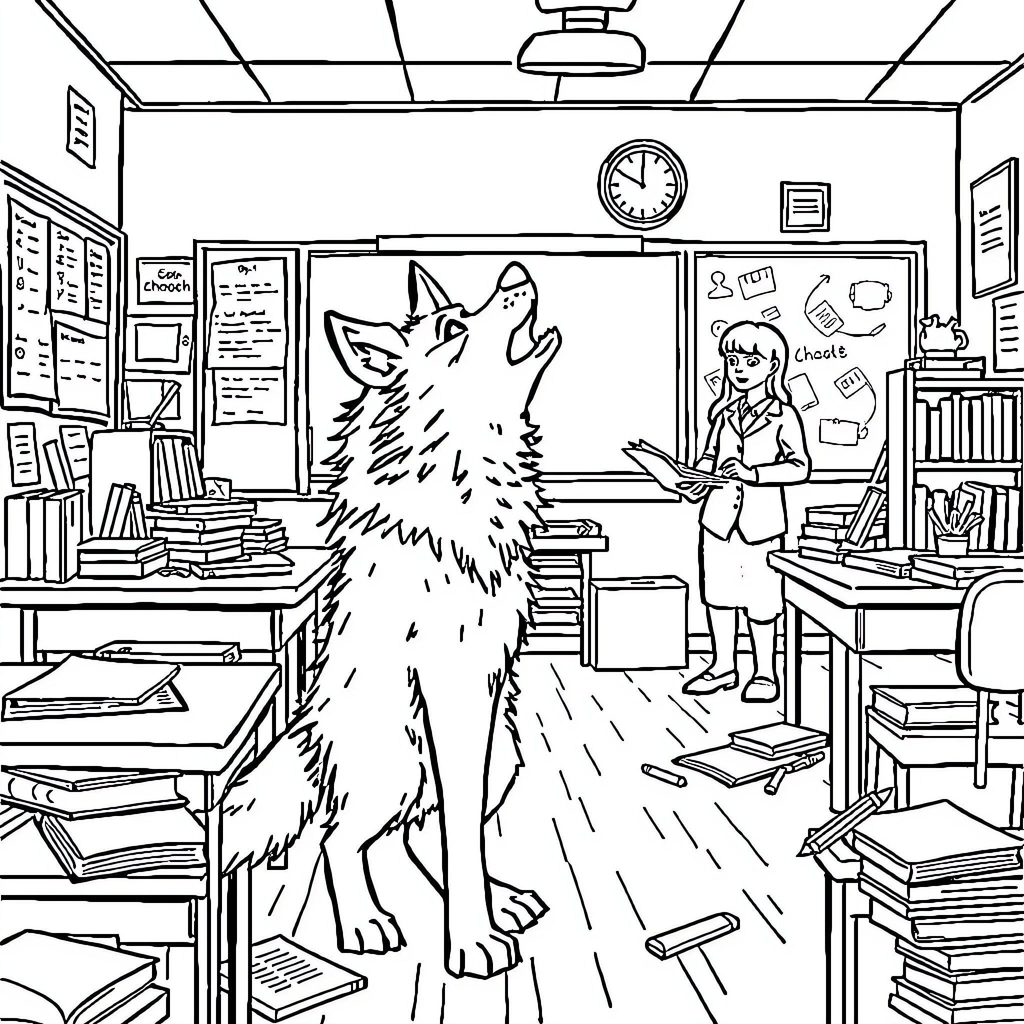 Wolf howling in classroom setting Coloring Page (free black-and-white line drawing printable PDF for all, from beginners to advanced learners, including children, teens, adults, and seniors)