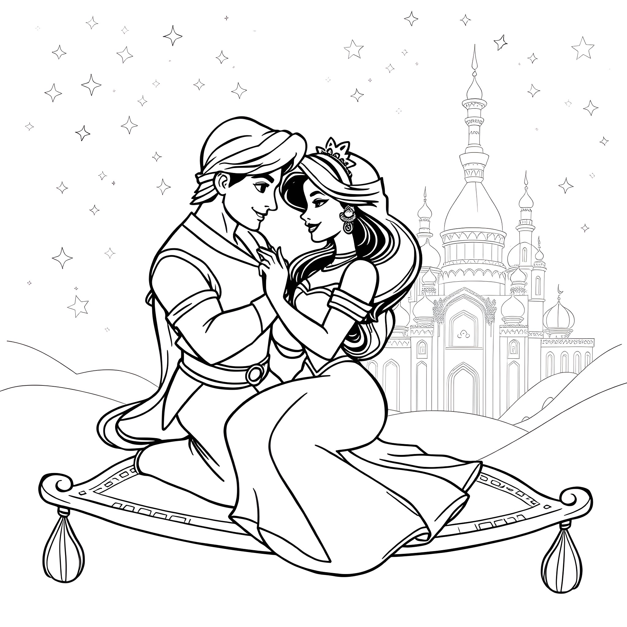 Jasmine and Aladdin in a romantic embrace under the starry night sky Coloring Page (free black-and-white line drawing printable PDF for all, from beginners to advanced learners, including children, teens, adults, and seniors)